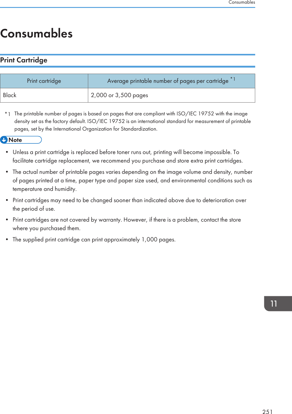 ConsumablesPrint CartridgePrint cartridge Average printable number of pages per cartridge *1Black 2,000 or 3,500 pages*1 The printable number of pages is based on pages that are compliant with ISO/IEC 19752 with the imagedensity set as the factory default. ISO/IEC 19752 is an international standard for measurement of printablepages, set by the International Organization for Standardization.• Unless a print cartridge is replaced before toner runs out, printing will become impossible. Tofacilitate cartridge replacement, we recommend you purchase and store extra print cartridges.•The actual number of printable pages varies depending on the image volume and density, numberof pages printed at a time, paper type and paper size used, and environmental conditions such astemperature and humidity.• Print cartridges may need to be changed sooner than indicated above due to deterioration overthe period of use.• Print cartridges are not covered by warranty. However, if there is a problem, contact the storewhere you purchased them.• The supplied print cartridge can print approximately 1,000 pages.Consumables251