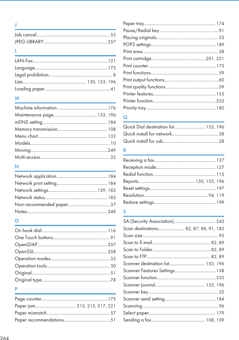 JJob cancel..............................................................55JPEG LIBRARY......................................................257LLAN-Fax...............................................................121Language.............................................................173Legal prohibition......................................................8Lists......................................................130, 153, 196Loading paper....................................................... 41MMachine information...........................................176Maintenance page.....................................153, 196mDNS setting.......................................................184Memory transmission..........................................108Menu chart.......................................................... 133Models................................................................... 10Moving.................................................................249Multi-access...........................................................32NNetwork application...........................................184Network print setting...........................................184Network settings.........................................159, 183Network status.....................................................183Non-recommended paper................................... 37Notes....................................................................248OOn hook dial....................................................... 116One Touch buttons................................................ 91OpenLDAP...........................................................257OpenSSL..............................................................258Operation modes.................................................. 32Operation tools..................................................... 30Original..................................................................51Original type..........................................................78PPage counter........................................................175Paper jam.................................. 213, 215, 217, 221Paper mismatch..................................................... 57Paper recommendations.......................................51Paper tray............................................................ 174Pause/Redial key..................................................91Placing originals.................................................... 53POP3 settings.......................................................189Print area................................................................38Print cartridge..............................................201, 251Print counter.........................................................175Print functions......................................................... 59Print output functions..............................................60Print quality functions.............................................59Printer features.....................................................155Printer function.....................................................253Priority tray...........................................................180QQuick Dial destination list.......................... 153, 196Quick install for network....................................... 28Quick install for usb...............................................28RReceiving a fax....................................................127Reception mode.................................................. 127Redial function.....................................................115Reports................................................130, 153, 196Reset settings........................................................197Resolution...................................................... 94, 119Restore settings.................................................... 199SSA (Security Association)................................... 243Scan destinations...................... 82, 87, 88, 91, 182Scan size................................................................93Scan to E-mail................................................. 82, 89Scan to Folder.................................................82, 89Scan to FTP...................................................... 82, 89Scanner destination list.............................. 153, 196Scanner Features Settings...................................138Scanner function..................................................255Scanner journal.......................................... 153, 196Scanner key........................................................... 32Scanner send setting...........................................184Scanning................................................................ 96Select paper........................................................ 179Sending a fax............................................. 108, 109264