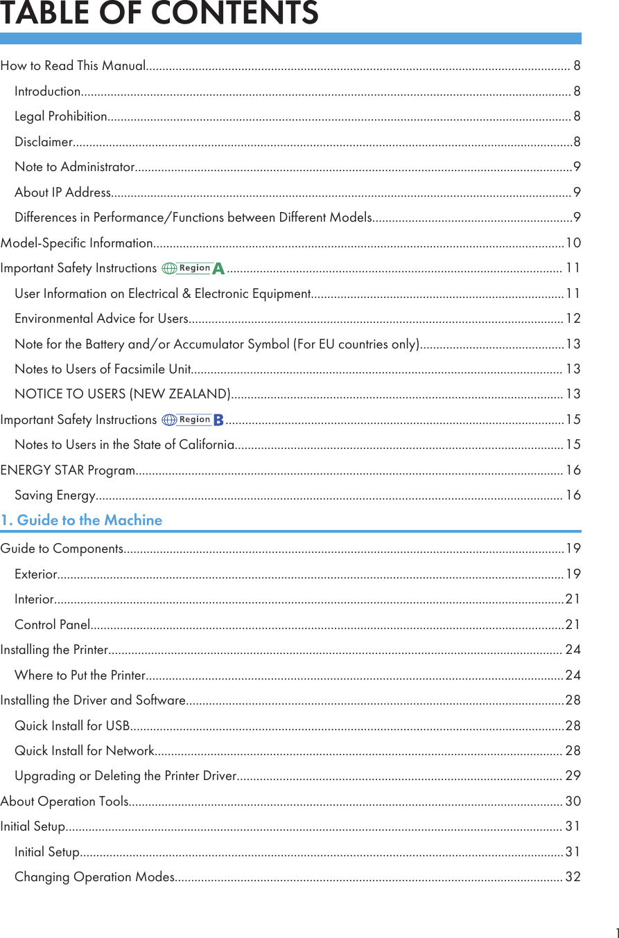 TABLE OF CONTENTSHow to Read This Manual................................................................................................................................. 8Introduction..................................................................................................................................................... 8Legal Prohibition.............................................................................................................................................8Disclaimer........................................................................................................................................................8Note to Administrator.....................................................................................................................................9About IP Address............................................................................................................................................9Differences in Performance/Functions between Different Models.............................................................9Model-Specific Information.............................................................................................................................10Important Safety Instructions  ...................................................................................................... 11User Information on Electrical &amp; Electronic Equipment.............................................................................11Environmental Advice for Users..................................................................................................................12Note for the Battery and/or Accumulator Symbol (For EU countries only)............................................13Notes to Users of Facsimile Unit................................................................................................................. 13NOTICE TO USERS (NEW ZEALAND).....................................................................................................13Important Safety Instructions  .......................................................................................................15Notes to Users in the State of California....................................................................................................15ENERGY STAR Program..................................................................................................................................16Saving Energy.............................................................................................................................................. 161. Guide to the MachineGuide to Components......................................................................................................................................19Exterior..........................................................................................................................................................19Interior...........................................................................................................................................................21Control Panel................................................................................................................................................21Installing the Printer.......................................................................................................................................... 24Where to Put the Printer...............................................................................................................................24Installing the Driver and Software...................................................................................................................28Quick Install for USB....................................................................................................................................28Quick Install for Network............................................................................................................................ 28Upgrading or Deleting the Printer Driver................................................................................................... 29About Operation Tools.................................................................................................................................... 30Initial Setup....................................................................................................................................................... 31Initial Setup...................................................................................................................................................31Changing Operation Modes...................................................................................................................... 321