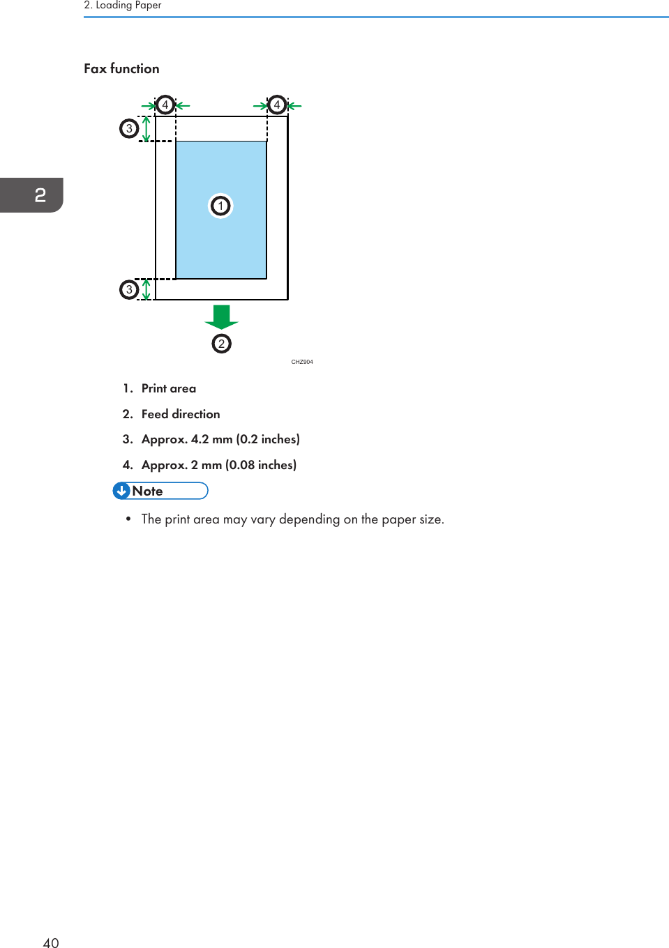 Fax functionCHZ9042331441. Print area2. Feed direction3. Approx. 4.2 mm (0.2 inches)4. Approx. 2 mm (0.08 inches)• The print area may vary depending on the paper size.2. Loading Paper40