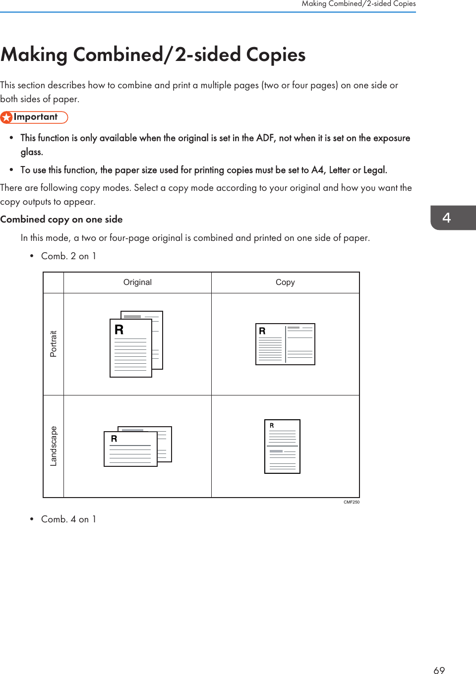 Making Combined/2-sided CopiesThis section describes how to combine and print a multiple pages (two or four pages) on one side orboth sides of paper.• This function is only available when the original is set in the ADF, not when it is set on the exposureglass.•To use this function, the paper size used for printing copies must be set to A4, Letter or Legal.There are following copy modes. Select a copy mode according to your original and how you want thecopy outputs to appear.Combined copy on one sideIn this mode, a two or four-page original is combined and printed on one side of paper.• Comb. 2 on 1PortraitLandscapeOriginal CopyCMF250• Comb. 4 on 1Making Combined/2-sided Copies69