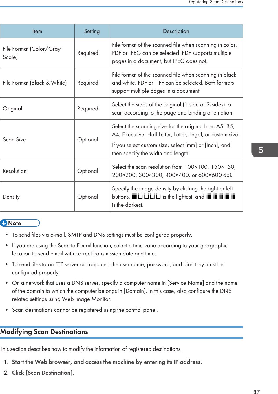 Item Setting DescriptionFile Format (Color/GrayScale) RequiredFile format of the scanned file when scanning in color.PDF or JPEG can be selected. PDF supports multiplepages in a document, but JPEG does not.File Format (Black &amp; White) RequiredFile format of the scanned file when scanning in blackand white. PDF or TIFF can be selected. Both formatssupport multiple pages in a document.Original Required Select the sides of the original (1 side or 2-sides) toscan according to the page and binding orientation.Scan Size OptionalSelect the scanning size for the original from A5, B5,A4, Executive, Half Letter, Letter, Legal, or custom size.If you select custom size, select [mm] or [Inch], andthen specify the width and length.Resolution Optional Select the scan resolution from 100×100, 150×150,200×200, 300×300, 400×400, or 600×600 dpi.Density OptionalSpecify the image density by clicking the right or leftbuttons.   is the lightest, and is the darkest.• To send files via e-mail, SMTP and DNS settings must be configured properly.•If you are using the Scan to E-mail function, select a time zone according to your geographiclocation to send email with correct transmission date and time.• To send files to an FTP server or computer, the user name, password, and directory must beconfigured properly.• On a network that uses a DNS server, specify a computer name in [Service Name] and the nameof the domain to which the computer belongs in [Domain]. In this case, also configure the DNSrelated settings using Web Image Monitor.• Scan destinations cannot be registered using the control panel.Modifying Scan DestinationsThis section describes how to modify the information of registered destinations.1. Start the Web browser, and access the machine by entering its IP address.2. Click [Scan Destination].Registering Scan Destinations87