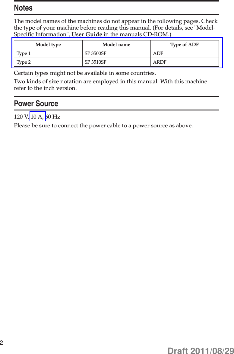 2NotesThe model names of the machines do not appear in the following pages. Check the type of your machine before reading this manual. (For details, see &quot;Model-Specific Information&quot;, User Guide in the manuals CD-ROM.)Model type Model name Type of ADFType 1 SP 3500SF ADFType 2 SP 3510SF ARDFCertain types might not be available in some countries.Two kinds of size notation are employed in this manual. With this machine refer to the inch version.Power Source120 V, 10 A, 60 HzPlease be sure to connect the power cable to a power source as above.Draft 2011/08/29