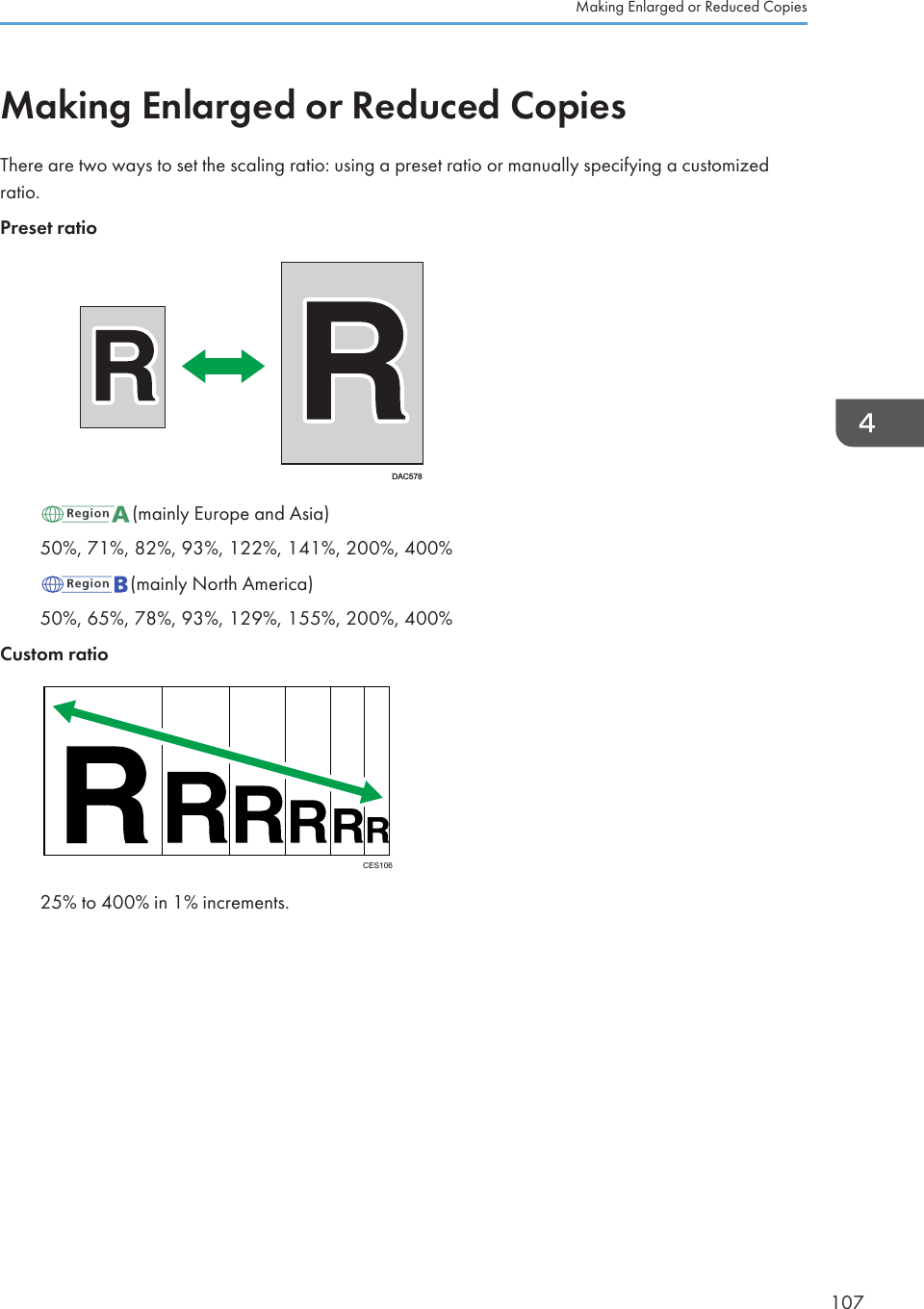 Making Enlarged or Reduced CopiesThere are two ways to set the scaling ratio: using a preset ratio or manually specifying a customizedratio.Preset ratioDAC578(mainly Europe and Asia)50%, 71%, 82%, 93%, 122%, 141%, 200%, 400%(mainly North America)50%, 65%, 78%, 93%, 129%, 155%, 200%, 400%Custom ratioCES10625% to 400% in 1% increments.Making Enlarged or Reduced Copies107