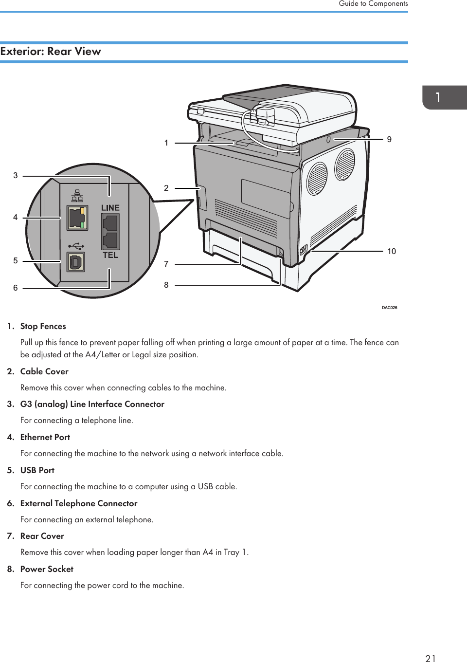 Exterior: Rear View12436875910DAC0261. Stop FencesPull up this fence to prevent paper falling off when printing a large amount of paper at a time. The fence canbe adjusted at the A4/Letter or Legal size position.2. Cable CoverRemove this cover when connecting cables to the machine.3. G3 (analog) Line Interface ConnectorFor connecting a telephone line.4. Ethernet PortFor connecting the machine to the network using a network interface cable.5. USB PortFor connecting the machine to a computer using a USB cable.6. External Telephone ConnectorFor connecting an external telephone.7. Rear CoverRemove this cover when loading paper longer than A4 in Tray 1.8. Power SocketFor connecting the power cord to the machine.Guide to Components21