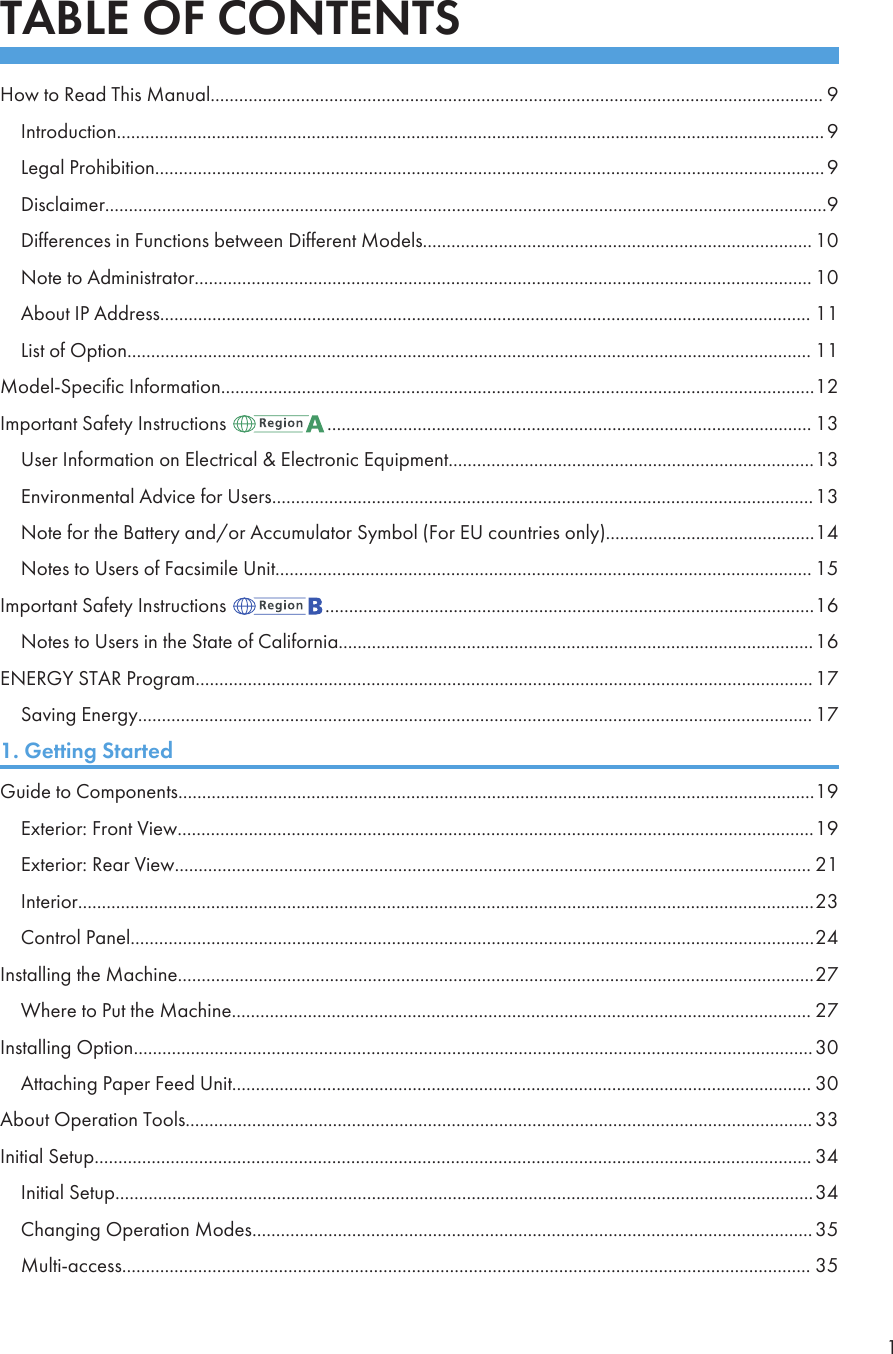 TABLE OF CONTENTSHow to Read This Manual................................................................................................................................. 9Introduction..................................................................................................................................................... 9Legal Prohibition.............................................................................................................................................9Disclaimer........................................................................................................................................................9Differences in Functions between Different Models.................................................................................. 10Note to Administrator.................................................................................................................................. 10About IP Address......................................................................................................................................... 11List of Option................................................................................................................................................ 11Model-Specific Information.............................................................................................................................12Important Safety Instructions  ...................................................................................................... 13User Information on Electrical &amp; Electronic Equipment.............................................................................13Environmental Advice for Users..................................................................................................................13Note for the Battery and/or Accumulator Symbol (For EU countries only)............................................14Notes to Users of Facsimile Unit................................................................................................................. 15Important Safety Instructions  .......................................................................................................16Notes to Users in the State of California....................................................................................................16ENERGY STAR Program..................................................................................................................................17Saving Energy.............................................................................................................................................. 171. Getting StartedGuide to Components......................................................................................................................................19Exterior: Front View......................................................................................................................................19Exterior: Rear View...................................................................................................................................... 21Interior...........................................................................................................................................................23Control Panel................................................................................................................................................24Installing the Machine......................................................................................................................................27Where to Put the Machine.......................................................................................................................... 27Installing Option...............................................................................................................................................30Attaching Paper Feed Unit.......................................................................................................................... 30About Operation Tools.................................................................................................................................... 33Initial Setup....................................................................................................................................................... 34Initial Setup...................................................................................................................................................34Changing Operation Modes...................................................................................................................... 35Multi-access................................................................................................................................................. 351