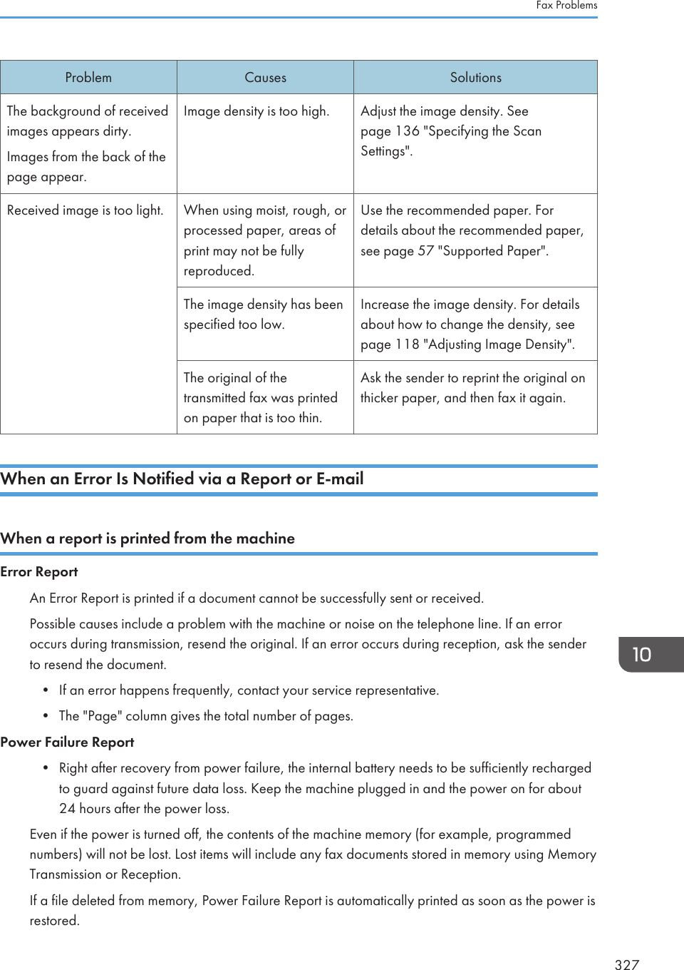 Problem Causes SolutionsThe background of receivedimages appears dirty.Images from the back of thepage appear.Image density is too high. Adjust the image density. Seepage 136 &quot;Specifying the ScanSettings&quot;.Received image is too light. When using moist, rough, orprocessed paper, areas ofprint may not be fullyreproduced.Use the recommended paper. Fordetails about the recommended paper,see page 57 &quot;Supported Paper&quot;.The image density has beenspecified too low.Increase the image density. For detailsabout how to change the density, seepage 118 &quot;Adjusting Image Density&quot;.The original of thetransmitted fax was printedon paper that is too thin.Ask the sender to reprint the original onthicker paper, and then fax it again.When an Error Is Notified via a Report or E-mailWhen a report is printed from the machineError ReportAn Error Report is printed if a document cannot be successfully sent or received.Possible causes include a problem with the machine or noise on the telephone line. If an erroroccurs during transmission, resend the original. If an error occurs during reception, ask the senderto resend the document.• If an error happens frequently, contact your service representative.• The &quot;Page&quot; column gives the total number of pages.Power Failure Report• Right after recovery from power failure, the internal battery needs to be sufficiently rechargedto guard against future data loss. Keep the machine plugged in and the power on for about24 hours after the power loss.Even if the power is turned off, the contents of the machine memory (for example, programmednumbers) will not be lost. Lost items will include any fax documents stored in memory using MemoryTransmission or Reception.If a file deleted from memory, Power Failure Report is automatically printed as soon as the power isrestored.Fax Problems327