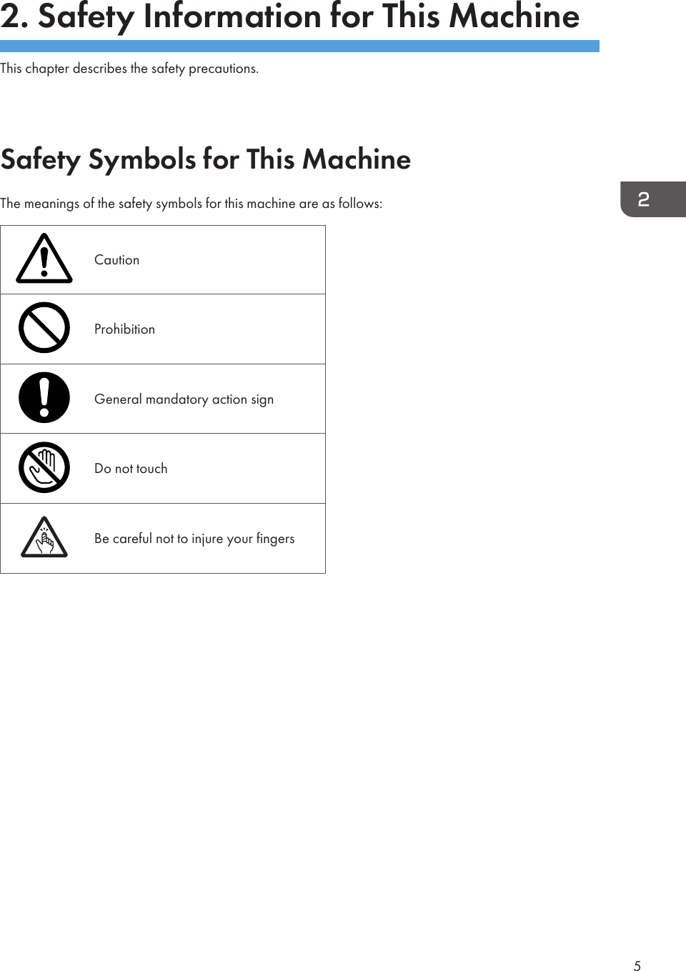 2. Safety Information for This MachineThis chapter describes the safety precautions.Safety Symbols for This MachineThe meanings of the safety symbols for this machine are as follows:CautionProhibitionGeneral mandatory action signDo not touchBe careful not to injure your fingers5