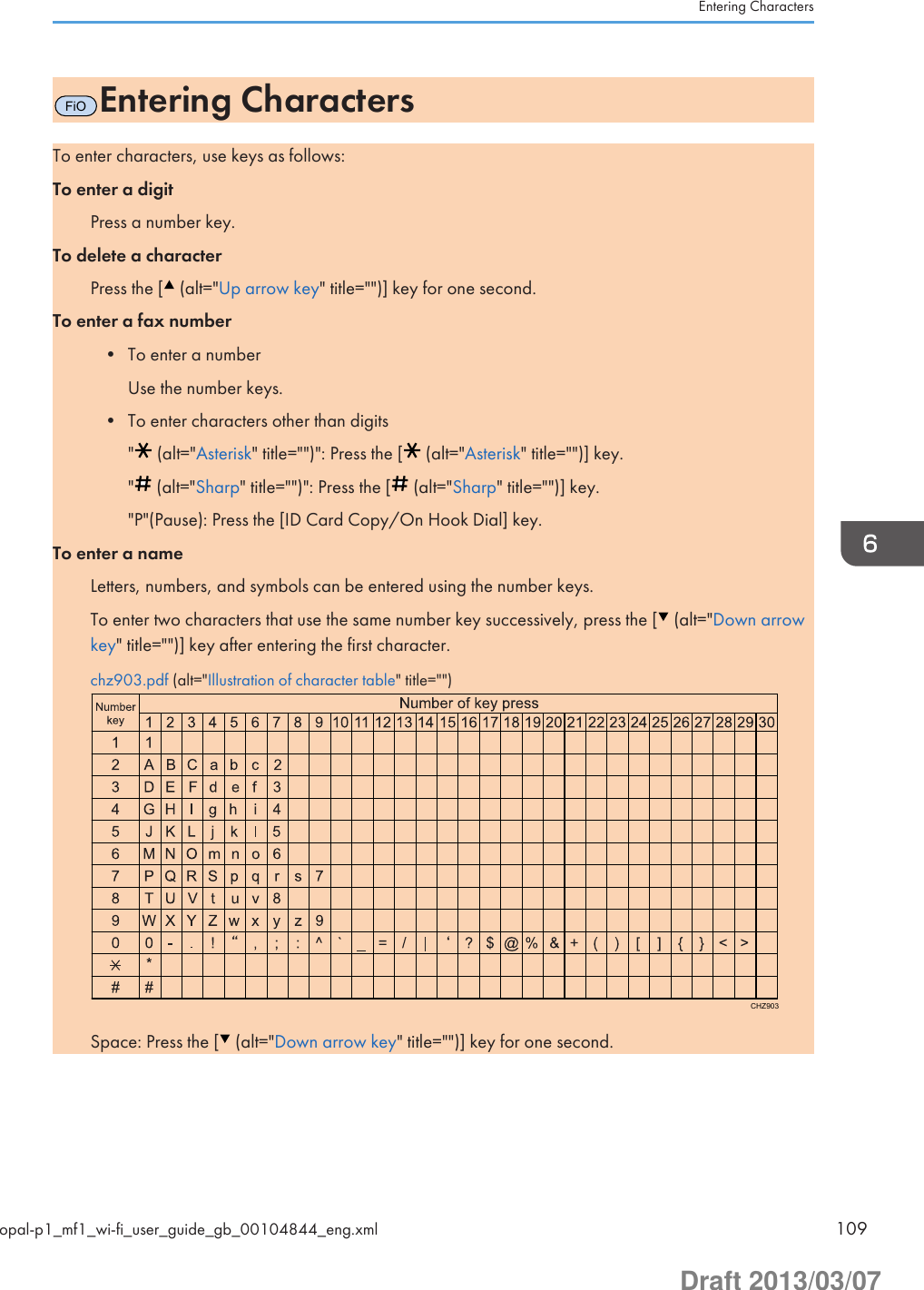 FiOEntering CharactersTo enter characters, use keys as follows:To enter a digitPress a number key.To delete a characterPress the [  (alt=&quot;Up arrow key&quot; title=&quot;&quot;)] key for one second.To enter a fax number• To enter a numberUse the number keys.• To enter characters other than digits&quot;  (alt=&quot;Asterisk&quot; title=&quot;&quot;)&quot;: Press the [  (alt=&quot;Asterisk&quot; title=&quot;&quot;)] key.&quot;  (alt=&quot;Sharp&quot; title=&quot;&quot;)&quot;: Press the [  (alt=&quot;Sharp&quot; title=&quot;&quot;)] key.&quot;P&quot;(Pause): Press the [ID Card Copy/On Hook Dial] key.To enter a nameLetters, numbers, and symbols can be entered using the number keys.To enter two characters that use the same number key successively, press the [  (alt=&quot;Down arrowkey&quot; title=&quot;&quot;)] key after entering the first character.chz903.pdf (alt=&quot;Illustration of character table&quot; title=&quot;&quot;)CHZ903Space: Press the [  (alt=&quot;Down arrow key&quot; title=&quot;&quot;)] key for one second.Entering Charactersopal-p1_mf1_wi-fi_user_guide_gb_00104844_eng.xml 109Draft 2013/03/07