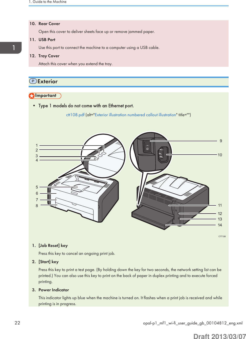 10. Rear CoverOpen this cover to deliver sheets face up or remove jammed paper.11. USB PortUse this port to connect the machine to a computer using a USB cable.12. Tray CoverAttach this cover when you extend the tray.PExterior• Type 1 models do not come with an Ethernet port.ctt108.pdf (alt=&quot;Exterior illustration numbered callout illustration&quot; title=&quot;&quot;)CTT10821934567810111312141. [Job Reset] keyPress this key to cancel an ongoing print job.2. [Start] keyPress this key to print a test page. (By holding down the key for two seconds, the network setting list can beprinted.) You can also use this key to print on the back of paper in duplex printing and to execute forcedprinting.3. Power IndicatorThis indicator lights up blue when the machine is turned on. It flashes when a print job is received and whileprinting is in progress.1. Guide to the Machine22 opal-p1_mf1_wi-fi_user_guide_gb_00104812_eng.xmlDraft 2013/03/07