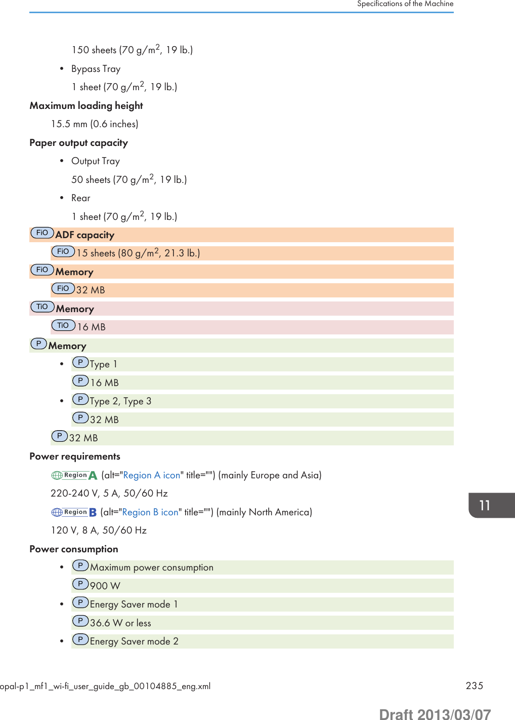 150 sheets (70 g/m2, 19 lb.)• Bypass Tray1 sheet (70 g/m2, 19 lb.)Maximum loading height15.5 mm (0.6 inches)Paper output capacity• Output Tray50 sheets (70 g/m2, 19 lb.)• Rear1 sheet (70 g/m2, 19 lb.)FiOADF capacityFiO15 sheets (80 g/m2, 21.3 lb.)FiOMemoryFiO32 MBTiOMemoryTiO16 MBPMemory•PType 1P16 MB•PType 2, Type 3P32 MBP32 MBPower requirements (alt=&quot;Region A icon&quot; title=&quot;&quot;) (mainly Europe and Asia)220-240 V, 5 A, 50/60 Hz (alt=&quot;Region B icon&quot; title=&quot;&quot;) (mainly North America)120 V, 8 A, 50/60 HzPower consumption•PMaximum power consumptionP900 W•PEnergy Saver mode 1P36.6 W or less•PEnergy Saver mode 2Specifications of the Machineopal-p1_mf1_wi-fi_user_guide_gb_00104885_eng.xml 235Draft 2013/03/07