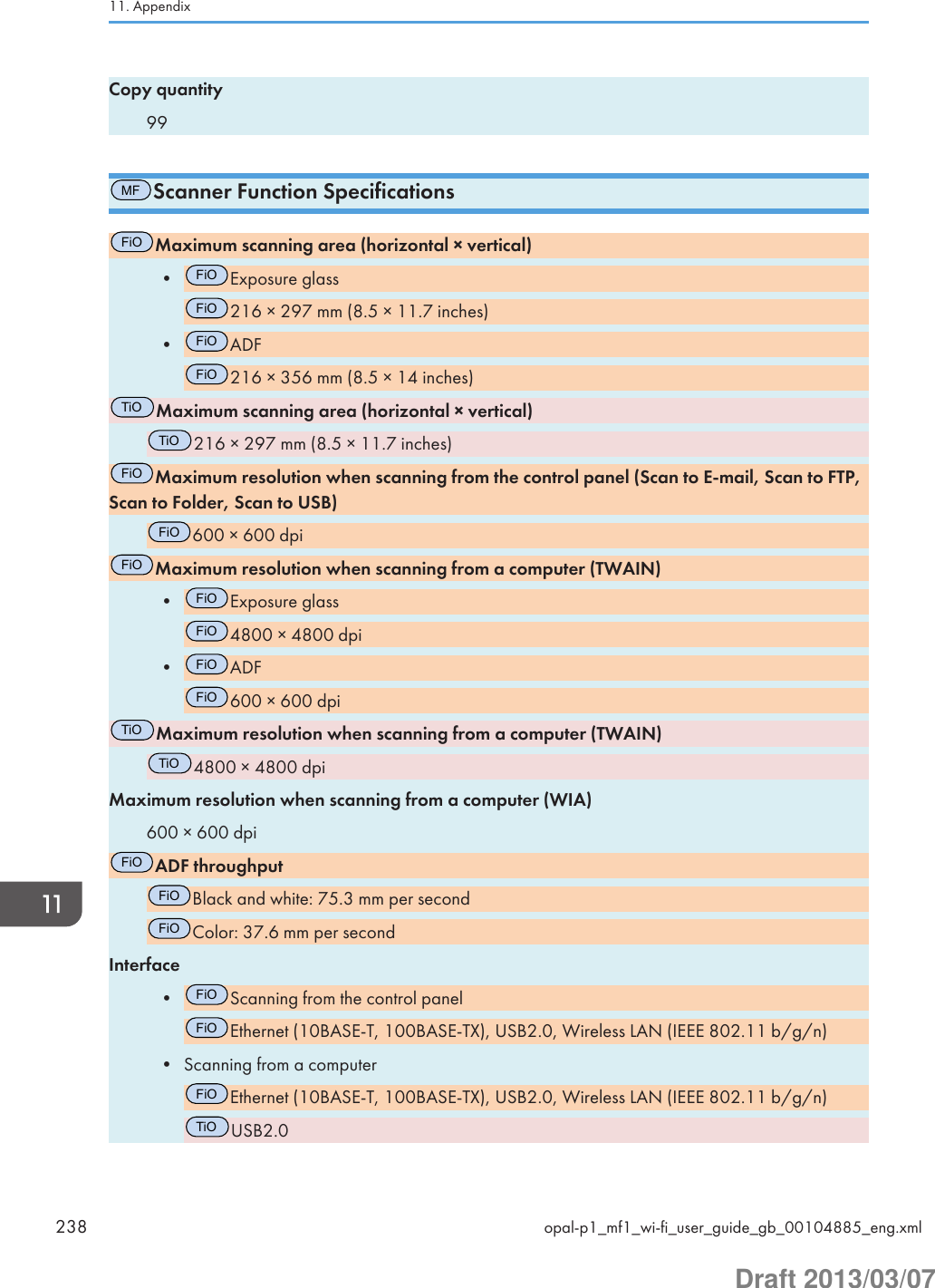 Copy quantity99MFScanner Function SpecificationsFiOMaximum scanning area (horizontal × vertical)•FiOExposure glassFiO216 × 297 mm (8.5 × 11.7 inches)•FiOADFFiO216 × 356 mm (8.5 × 14 inches)TiOMaximum scanning area (horizontal × vertical)TiO216 × 297 mm (8.5 × 11.7 inches)FiOMaximum resolution when scanning from the control panel (Scan to E-mail, Scan to FTP,Scan to Folder, Scan to USB)FiO600 × 600 dpiFiOMaximum resolution when scanning from a computer (TWAIN)•FiOExposure glassFiO4800 × 4800 dpi•FiOADFFiO600 × 600 dpiTiOMaximum resolution when scanning from a computer (TWAIN)TiO4800 × 4800 dpiMaximum resolution when scanning from a computer (WIA)600 × 600 dpiFiOADF throughputFiOBlack and white: 75.3 mm per secondFiOColor: 37.6 mm per secondInterface•FiOScanning from the control panelFiOEthernet (10BASE-T, 100BASE-TX), USB2.0, Wireless LAN (IEEE 802.11 b/g/n)• Scanning from a computerFiOEthernet (10BASE-T, 100BASE-TX), USB2.0, Wireless LAN (IEEE 802.11 b/g/n)TiOUSB2.011. Appendix238 opal-p1_mf1_wi-fi_user_guide_gb_00104885_eng.xmlDraft 2013/03/07