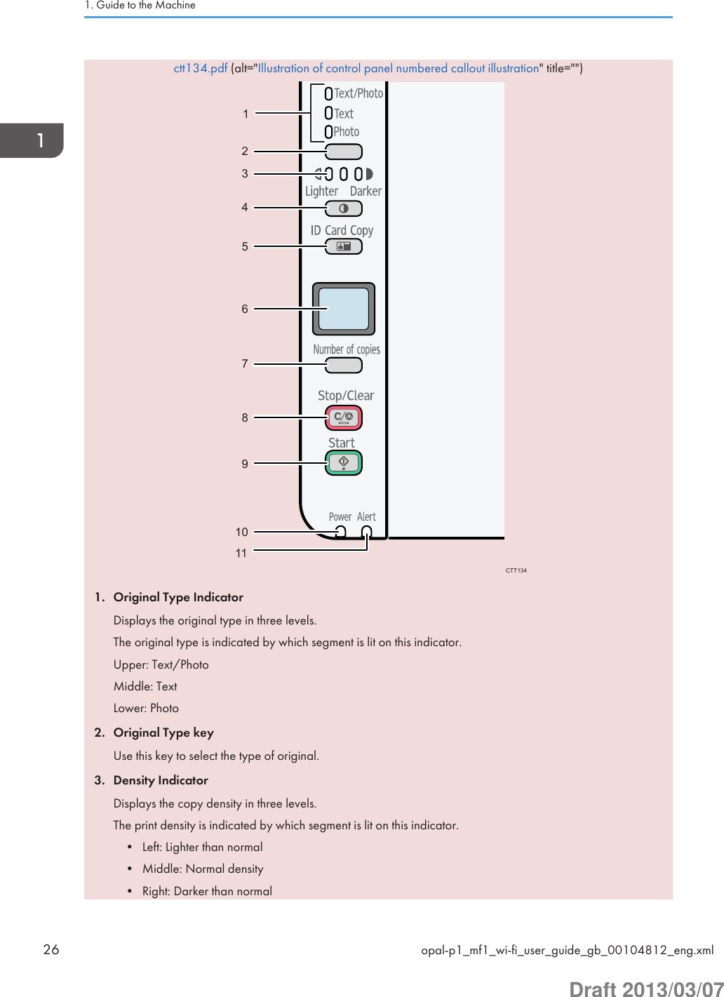 ctt134.pdf (alt=&quot;Illustration of control panel numbered callout illustration&quot; title=&quot;&quot;)CTT13456213478910111. Original Type IndicatorDisplays the original type in three levels.The original type is indicated by which segment is lit on this indicator.Upper: Text/PhotoMiddle: TextLower: Photo2. Original Type keyUse this key to select the type of original.3. Density IndicatorDisplays the copy density in three levels.The print density is indicated by which segment is lit on this indicator.• Left: Lighter than normal• Middle: Normal density• Right: Darker than normal1. Guide to the Machine26 opal-p1_mf1_wi-fi_user_guide_gb_00104812_eng.xmlDraft 2013/03/07