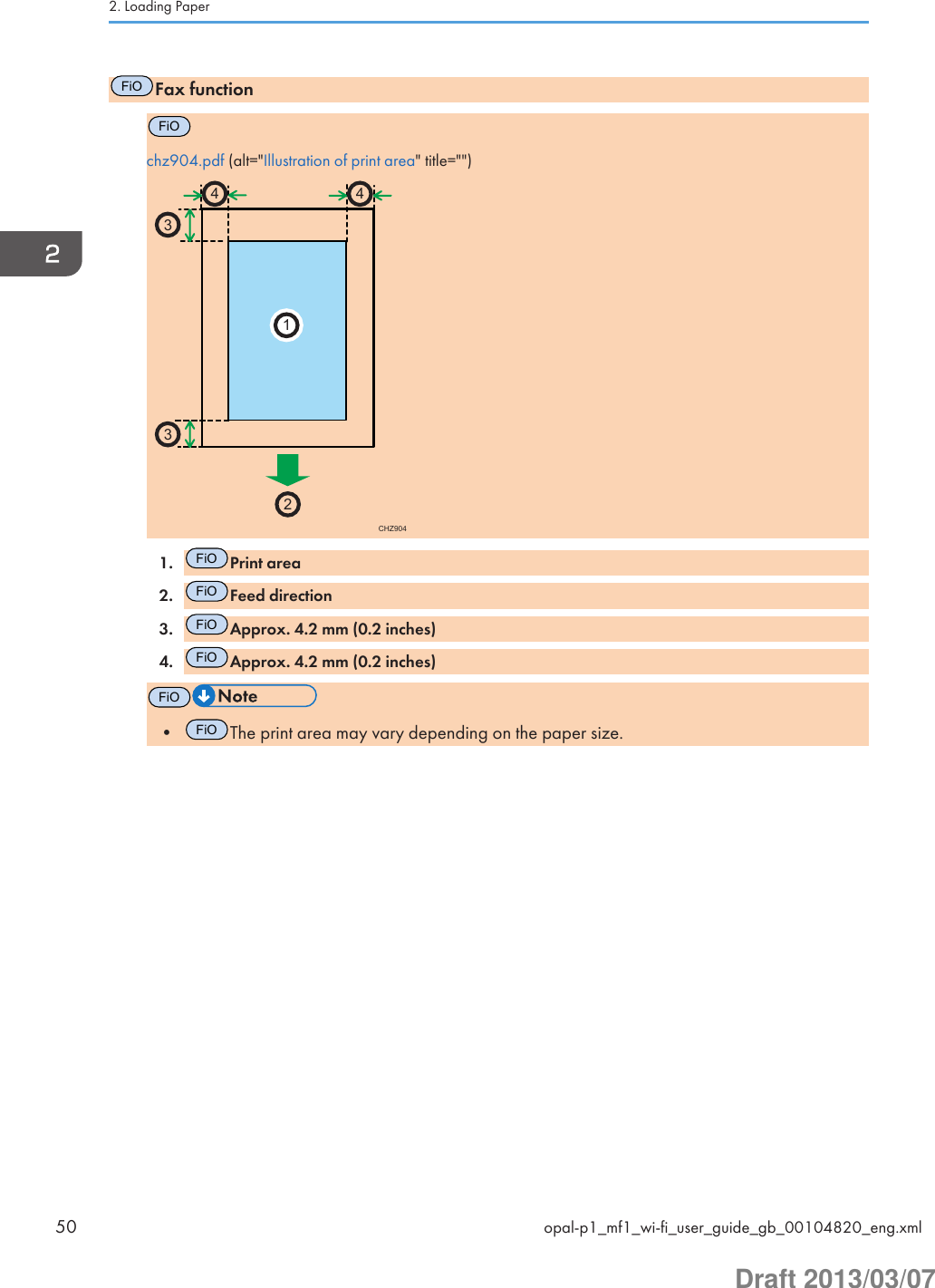 FiOFax functionFiOchz904.pdf (alt=&quot;Illustration of print area&quot; title=&quot;&quot;)CHZ9042331441.FiOPrint area2.FiOFeed direction3.FiOApprox. 4.2 mm (0.2 inches)4.FiOApprox. 4.2 mm (0.2 inches)FiO•FiOThe print area may vary depending on the paper size.2. Loading Paper50 opal-p1_mf1_wi-fi_user_guide_gb_00104820_eng.xmlDraft 2013/03/07