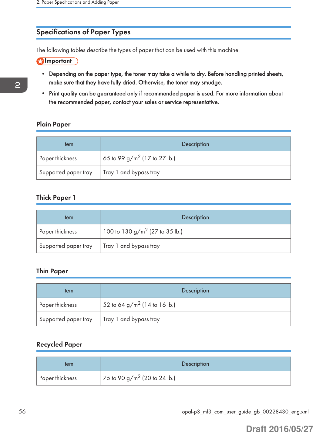 Specifications of Paper TypesThe following tables describe the types of paper that can be used with this machine.• Depending on the paper type, the toner may take a while to dry. Before handling printed sheets,make sure that they have fully dried. Otherwise, the toner may smudge.• Print quality can be guaranteed only if recommended paper is used. For more information aboutthe recommended paper, contact your sales or service representative.Plain PaperItem DescriptionPaper thickness 65 to 99 g/m2 (17 to 27 lb.)Supported paper tray Tray 1 and bypass trayThick Paper 1Item DescriptionPaper thickness 100 to 130 g/m2 (27 to 35 lb.)Supported paper tray Tray 1 and bypass trayThin PaperItem DescriptionPaper thickness 52 to 64 g/m2 (14 to 16 lb.)Supported paper tray Tray 1 and bypass trayRecycled PaperItem DescriptionPaper thickness 75 to 90 g/m2 (20 to 24 lb.)2. Paper Specifications and Adding Paper56 opal-p3_mf3_com_user_guide_gb_00228430_eng.xmlDraft 2016/05/27