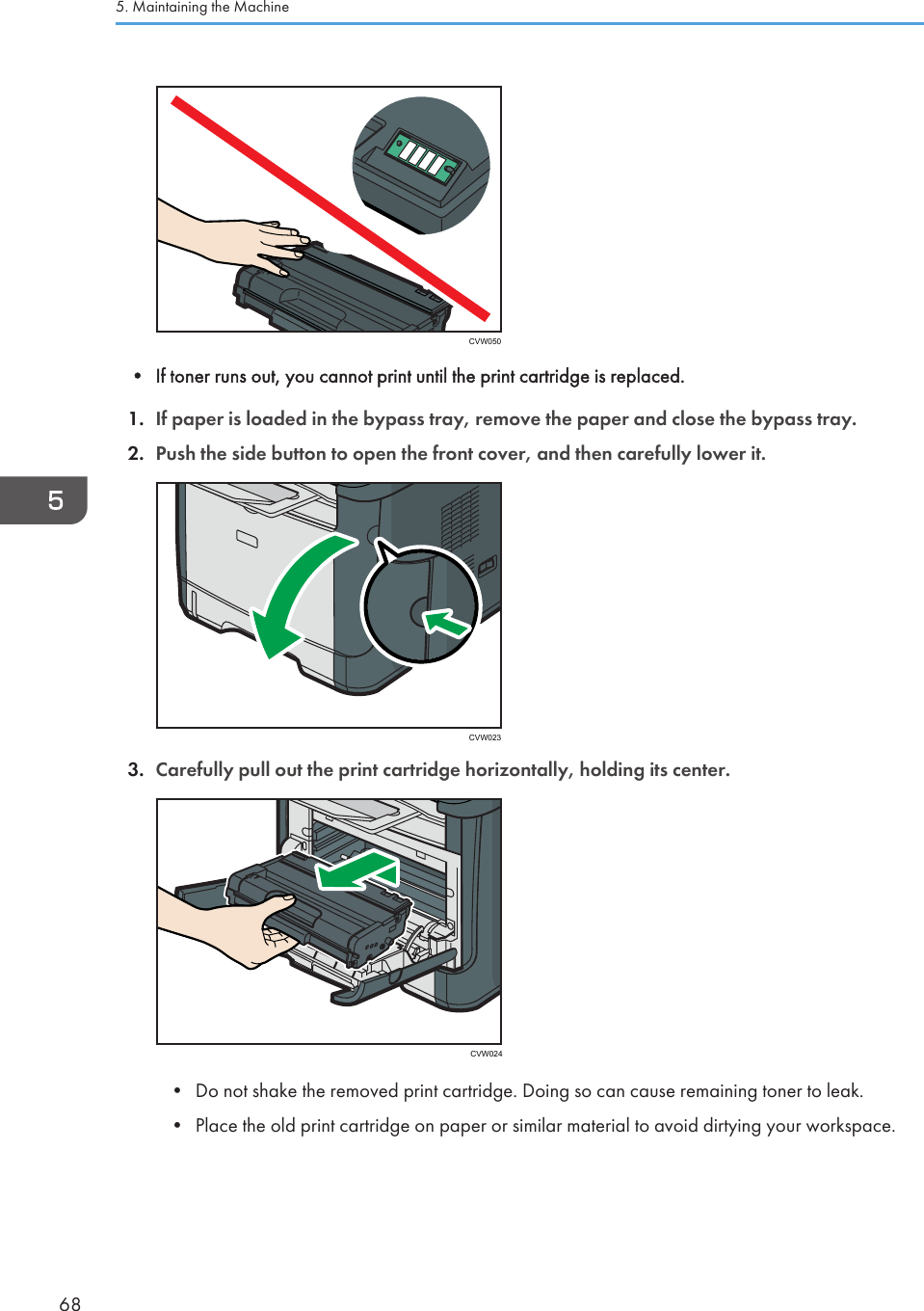 CVW050• If toner runs out, you cannot print until the print cartridge is replaced.1. If paper is loaded in the bypass tray, remove the paper and close the bypass tray.2. Push the side button to open the front cover, and then carefully lower it.CVW0233. Carefully pull out the print cartridge horizontally, holding its center.CVW024• Do not shake the removed print cartridge. Doing so can cause remaining toner to leak.•Place the old print cartridge on paper or similar material to avoid dirtying your workspace.5. Maintaining the Machine68