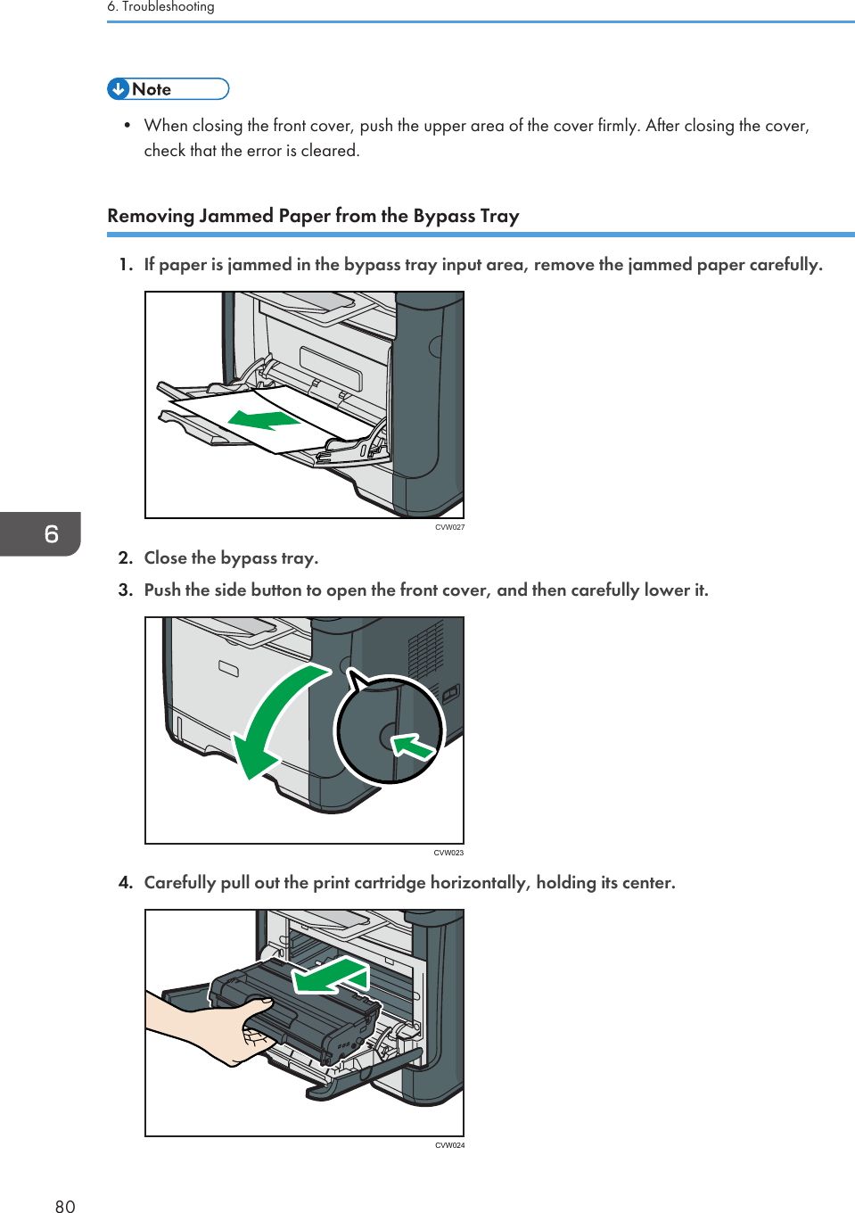 • When closing the front cover, push the upper area of the cover firmly. After closing the cover,check that the error is cleared.Removing Jammed Paper from the Bypass Tray1. If paper is jammed in the bypass tray input area, remove the jammed paper carefully.CVW0272. Close the bypass tray.3. Push the side button to open the front cover, and then carefully lower it.CVW0234. Carefully pull out the print cartridge horizontally, holding its center.CVW0246. Troubleshooting80