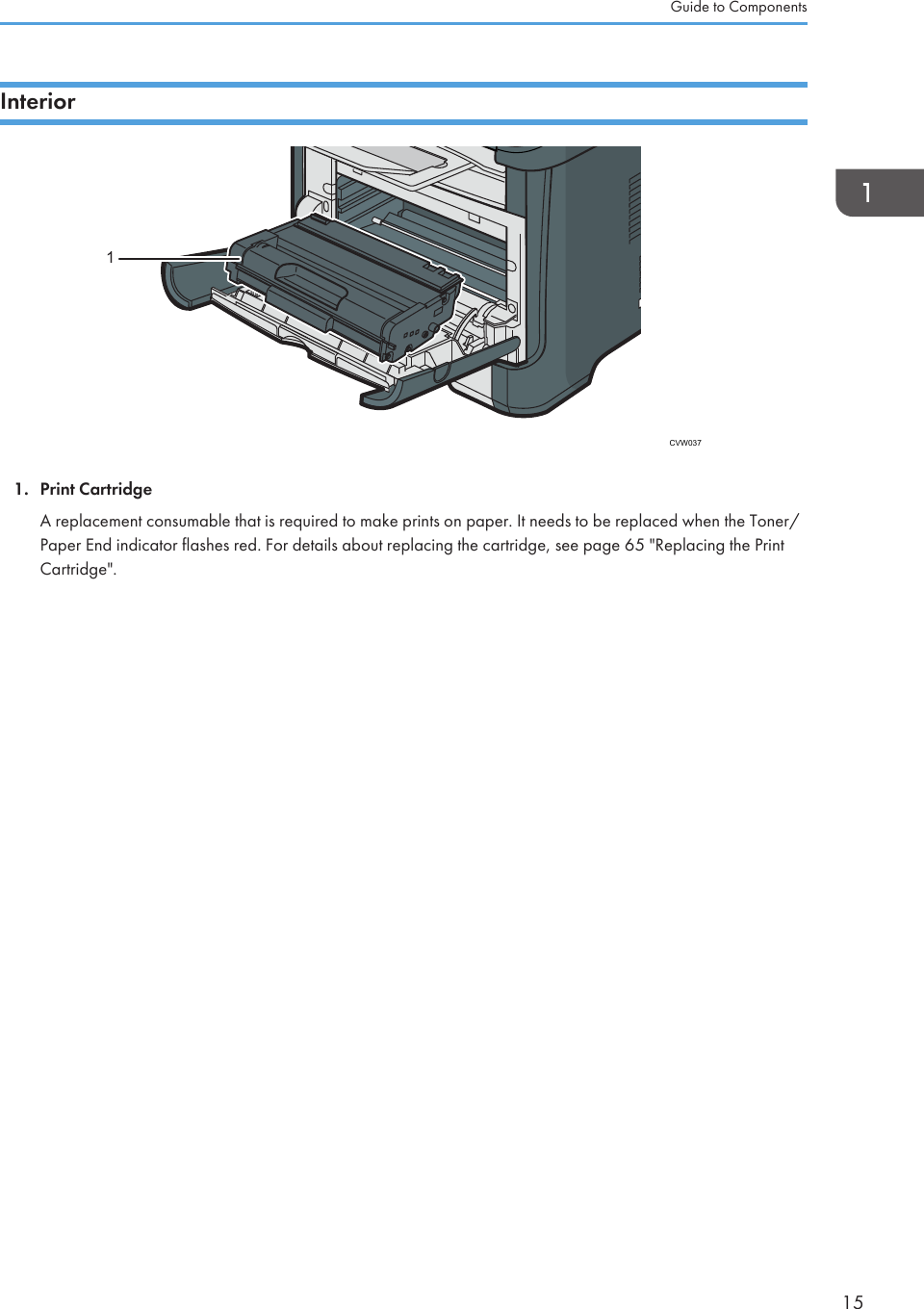 InteriorCVW03711. Print CartridgeA replacement consumable that is required to make prints on paper. It needs to be replaced when the Toner/Paper End indicator flashes red. For details about replacing the cartridge, see page 65 &quot;Replacing the PrintCartridge&quot;.Guide to Components15