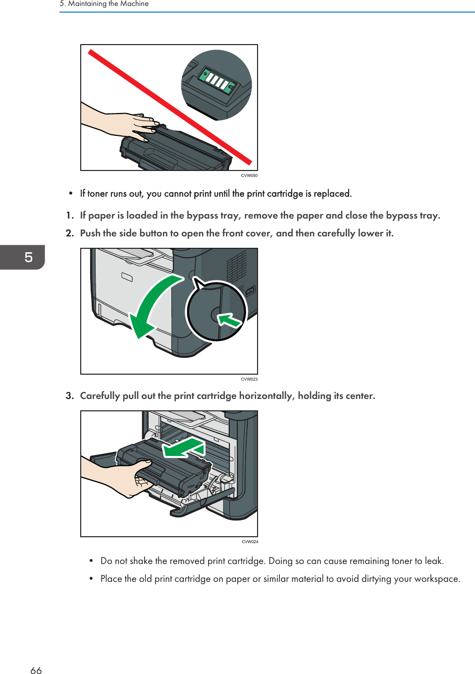 CVW050• If toner runs out, you cannot print until the print cartridge is replaced.1. If paper is loaded in the bypass tray, remove the paper and close the bypass tray.2. Push the side button to open the front cover, and then carefully lower it.CVW0233. Carefully pull out the print cartridge horizontally, holding its center.CVW024• Do not shake the removed print cartridge. Doing so can cause remaining toner to leak.•Place the old print cartridge on paper or similar material to avoid dirtying your workspace.5. Maintaining the Machine66