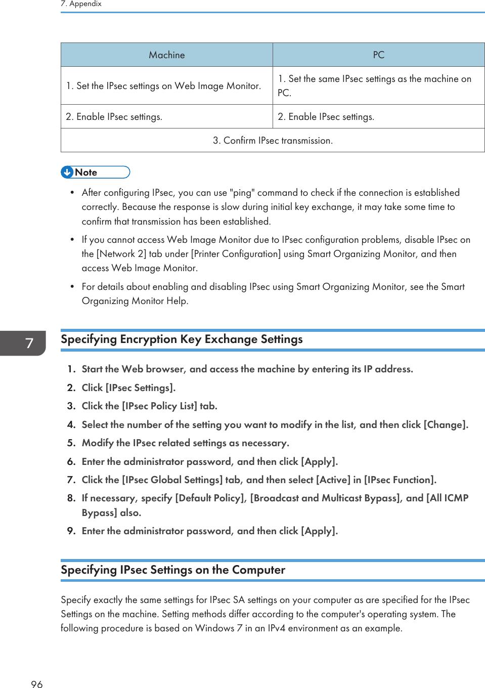 Machine PC1. Set the IPsec settings on Web Image Monitor. 1. Set the same IPsec settings as the machine onPC.2. Enable IPsec settings. 2. Enable IPsec settings.3. Confirm IPsec transmission.• After configuring IPsec, you can use &quot;ping&quot; command to check if the connection is establishedcorrectly. Because the response is slow during initial key exchange, it may take some time toconfirm that transmission has been established.•If you cannot access Web Image Monitor due to IPsec configuration problems, disable IPsec onthe [Network 2] tab under [Printer Configuration] using Smart Organizing Monitor, and thenaccess Web Image Monitor.• For details about enabling and disabling IPsec using Smart Organizing Monitor, see the SmartOrganizing Monitor Help.Specifying Encryption Key Exchange Settings1. Start the Web browser, and access the machine by entering its IP address.2. Click [IPsec Settings].3. Click the [IPsec Policy List] tab.4. Select the number of the setting you want to modify in the list, and then click [Change].5. Modify the IPsec related settings as necessary.6. Enter the administrator password, and then click [Apply].7. Click the [IPsec Global Settings] tab, and then select [Active] in [IPsec Function].8. If necessary, specify [Default Policy], [Broadcast and Multicast Bypass], and [All ICMPBypass] also.9. Enter the administrator password, and then click [Apply].Specifying IPsec Settings on the ComputerSpecify exactly the same settings for IPsec SA settings on your computer as are specified for the IPsecSettings on the machine. Setting methods differ according to the computer&apos;s operating system. Thefollowing procedure is based on Windows 7 in an IPv4 environment as an example.7. Appendix96