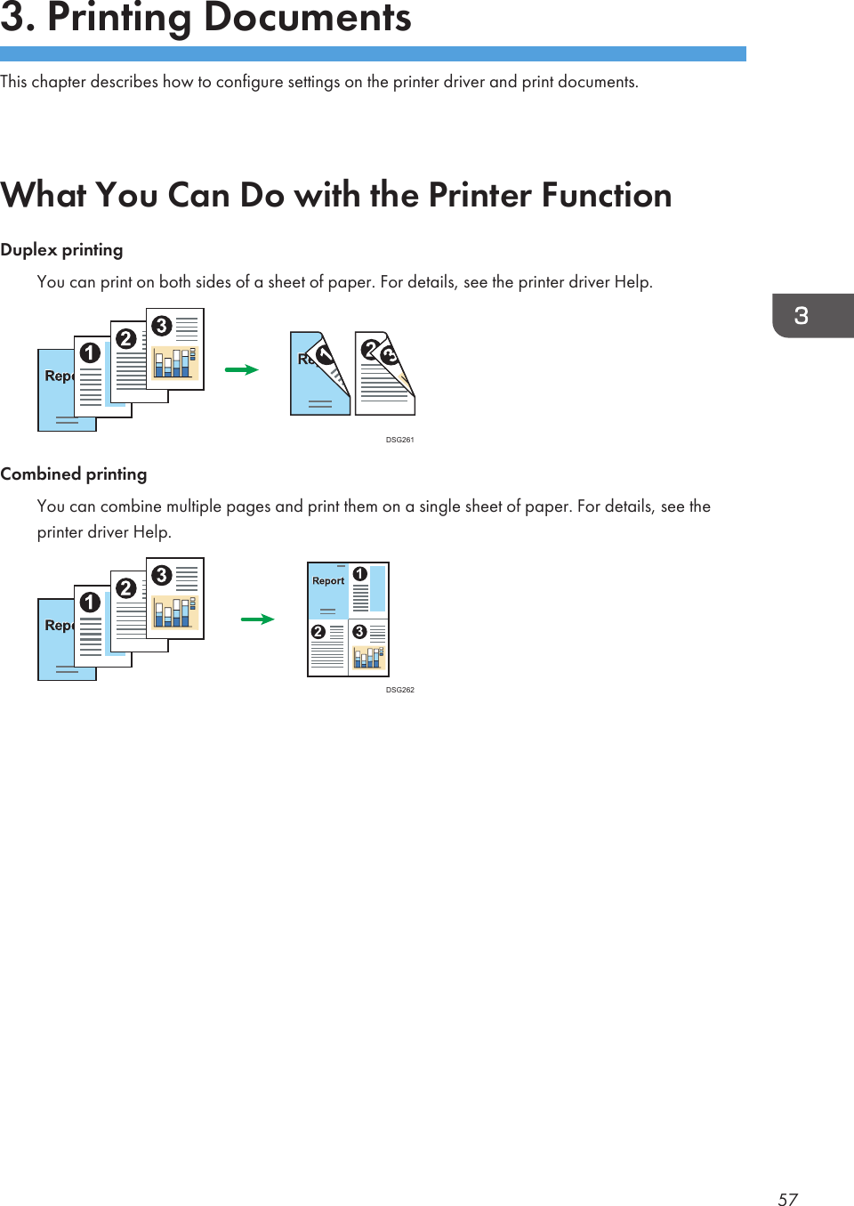 3. Printing DocumentsThis chapter describes how to configure settings on the printer driver and print documents.What You Can Do with the Printer FunctionDuplex printingYou can print on both sides of a sheet of paper. For details, see the printer driver Help.DSG261Combined printingYou can combine multiple pages and print them on a single sheet of paper. For details, see theprinter driver Help.123DSG26257
