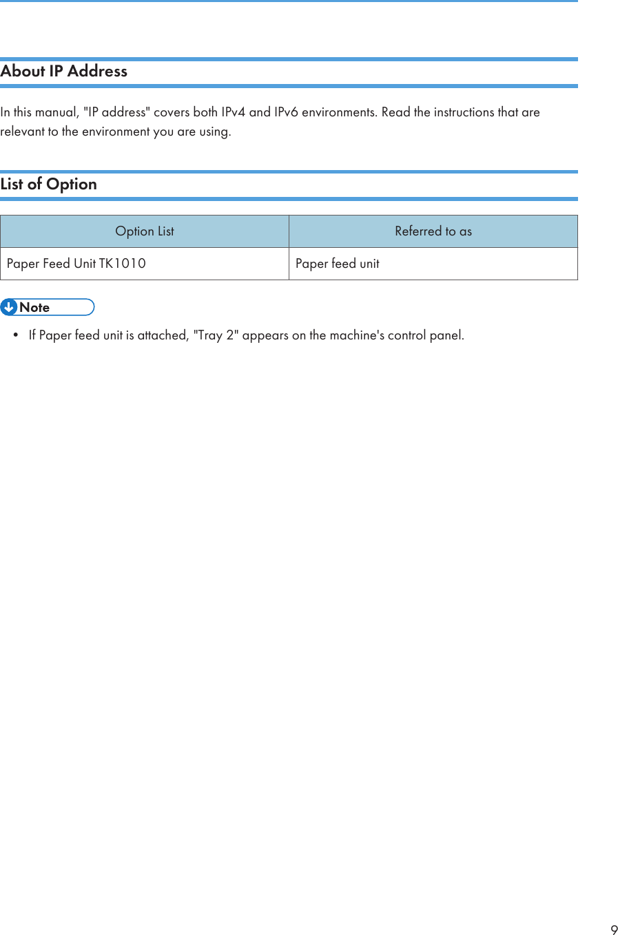 About IP AddressIn this manual, &quot;IP address&quot; covers both IPv4 and IPv6 environments. Read the instructions that arerelevant to the environment you are using.List of OptionOption List Referred to asPaper Feed Unit TK1010 Paper feed unit• If Paper feed unit is attached, &quot;Tray 2&quot; appears on the machine&apos;s control panel.9