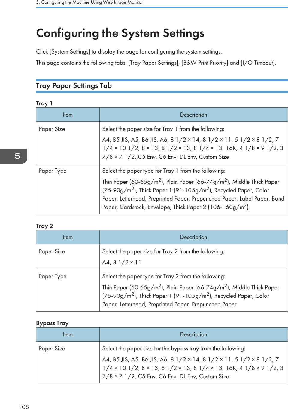 Configuring the System SettingsClick [System Settings] to display the page for configuring the system settings.This page contains the following tabs: [Tray Paper Settings], [B&amp;W Print Priority] and [I/O Timeout].Tray Paper Settings TabTray 1Item DescriptionPaper Size Select the paper size for Tray 1 from the following:A4, B5 JIS, A5, B6 JIS, A6, 8 1/2 × 14, 8 1/2 × 11, 5 1/2 × 8 1/2, 71/4 × 10 1/2, 8 × 13, 8 1/2 × 13, 8 1/4 × 13, 16K, 4 1/8 × 9 1/2, 37/8 × 7 1/2, C5 Env, C6 Env, DL Env, Custom SizePaper Type Select the paper type for Tray 1 from the following:Thin Paper (60-65g/m2), Plain Paper (66-74g/m2), Middle Thick Paper(75-90g/m2), Thick Paper 1 (91-105g/m2), Recycled Paper, ColorPaper, Letterhead, Preprinted Paper, Prepunched Paper, Label Paper, BondPaper, Cardstock, Envelope, Thick Paper 2 (106-160g/m2)Tray 2Item DescriptionPaper Size Select the paper size for Tray 2 from the following:A4, 8 1/2 × 11Paper Type Select the paper type for Tray 2 from the following:Thin Paper (60-65g/m2), Plain Paper (66-74g/m2), Middle Thick Paper(75-90g/m2), Thick Paper 1 (91-105g/m2), Recycled Paper, ColorPaper, Letterhead, Preprinted Paper, Prepunched PaperBypass TrayItem DescriptionPaper Size Select the paper size for the bypass tray from the following:A4, B5 JIS, A5, B6 JIS, A6, 8 1/2 × 14, 8 1/2 × 11, 5 1/2 × 8 1/2, 71/4 × 10 1/2, 8 × 13, 8 1/2 × 13, 8 1/4 × 13, 16K, 4 1/8 × 9 1/2, 37/8 × 7 1/2, C5 Env, C6 Env, DL Env, Custom Size5. Configuring the Machine Using Web Image Monitor108