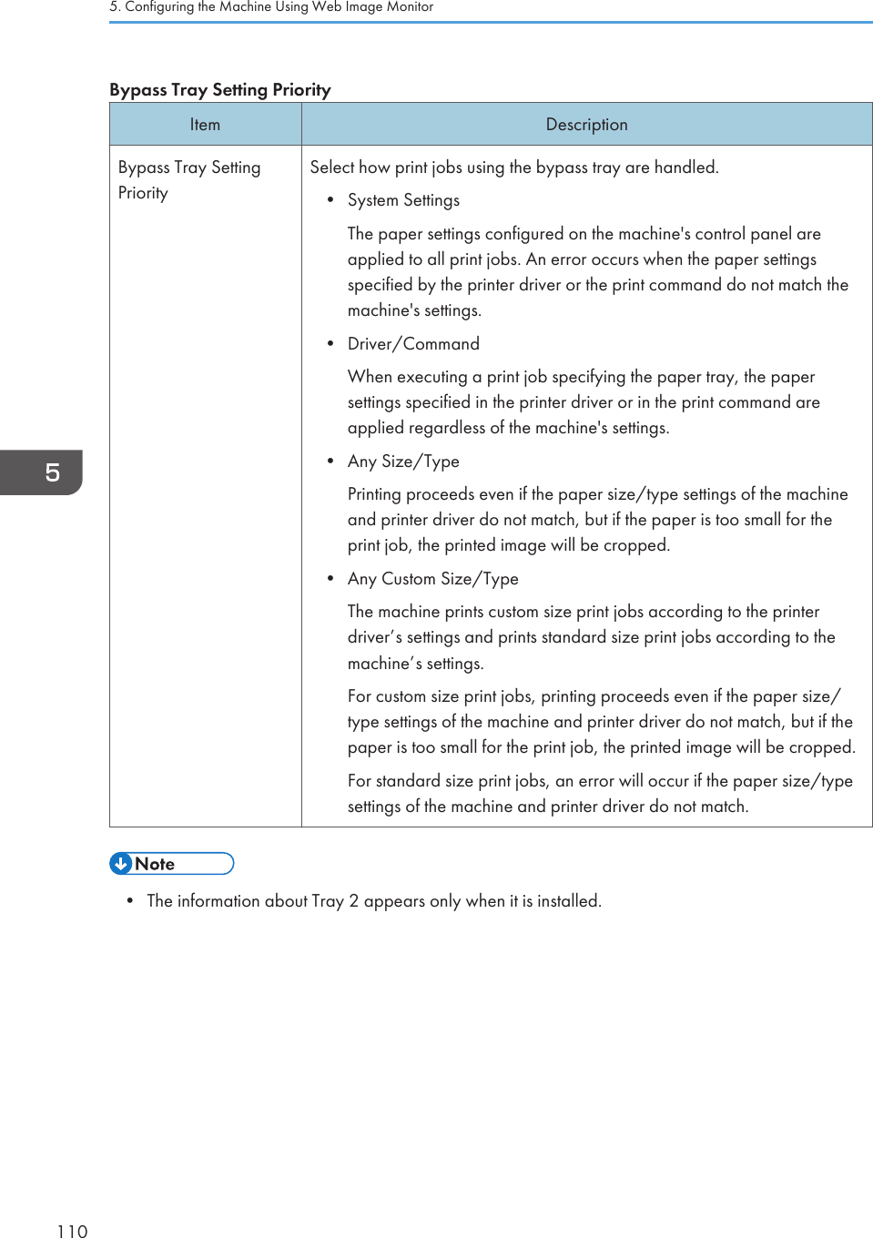 Bypass Tray Setting PriorityItem DescriptionBypass Tray SettingPrioritySelect how print jobs using the bypass tray are handled.• System SettingsThe paper settings configured on the machine&apos;s control panel areapplied to all print jobs. An error occurs when the paper settingsspecified by the printer driver or the print command do not match themachine&apos;s settings.• Driver/CommandWhen executing a print job specifying the paper tray, the papersettings specified in the printer driver or in the print command areapplied regardless of the machine&apos;s settings.• Any Size/TypePrinting proceeds even if the paper size/type settings of the machineand printer driver do not match, but if the paper is too small for theprint job, the printed image will be cropped.• Any Custom Size/TypeThe machine prints custom size print jobs according to the printerdriver’s settings and prints standard size print jobs according to themachine’s settings.For custom size print jobs, printing proceeds even if the paper size/type settings of the machine and printer driver do not match, but if thepaper is too small for the print job, the printed image will be cropped.For standard size print jobs, an error will occur if the paper size/typesettings of the machine and printer driver do not match.• The information about Tray 2 appears only when it is installed.5. Configuring the Machine Using Web Image Monitor110