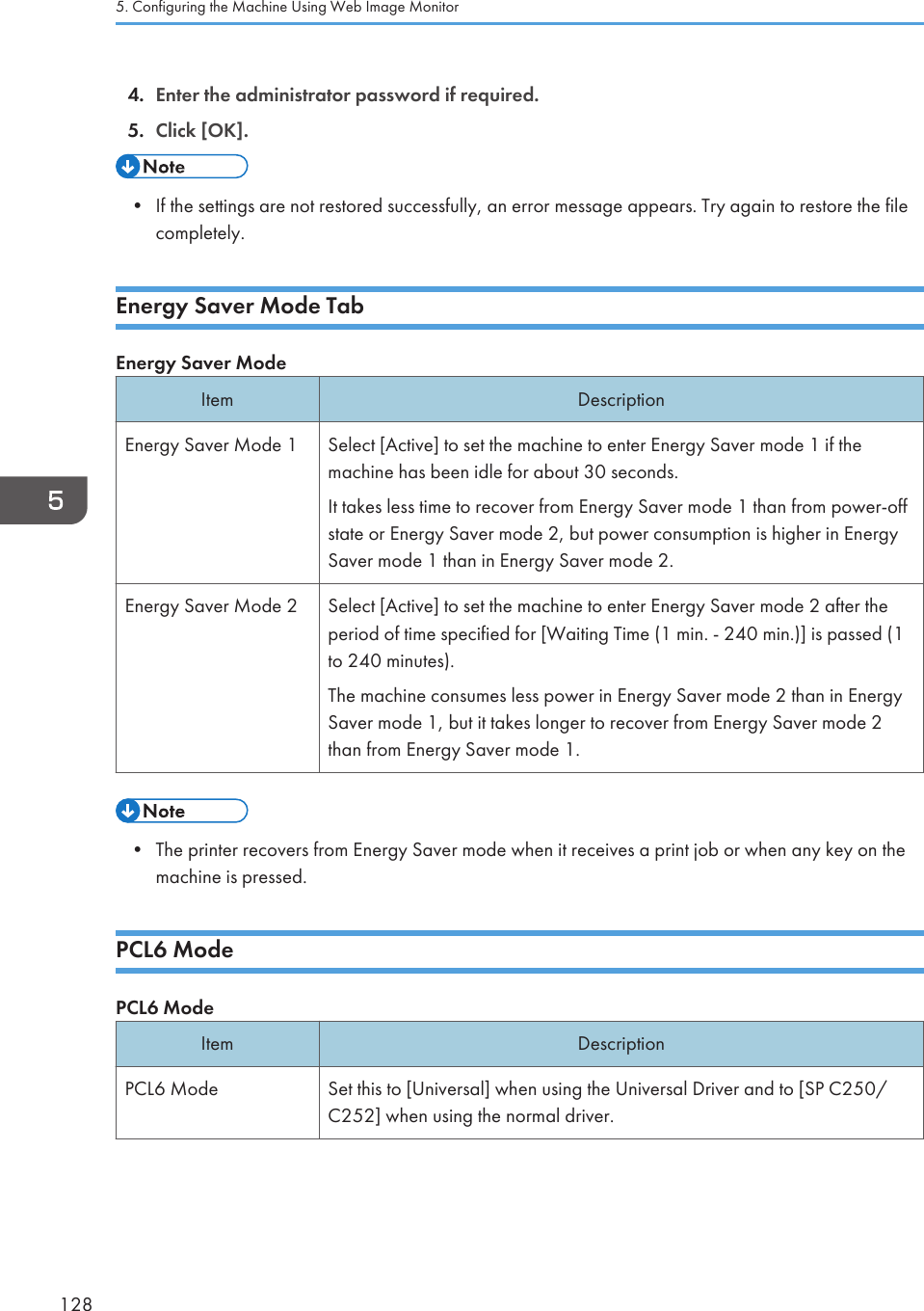 4. Enter the administrator password if required.5. Click [OK].• If the settings are not restored successfully, an error message appears. Try again to restore the filecompletely.Energy Saver Mode TabEnergy Saver ModeItem DescriptionEnergy Saver Mode 1 Select [Active] to set the machine to enter Energy Saver mode 1 if themachine has been idle for about 30 seconds.It takes less time to recover from Energy Saver mode 1 than from power-offstate or Energy Saver mode 2, but power consumption is higher in EnergySaver mode 1 than in Energy Saver mode 2.Energy Saver Mode 2 Select [Active] to set the machine to enter Energy Saver mode 2 after theperiod of time specified for [Waiting Time (1 min. - 240 min.)] is passed (1to 240 minutes).The machine consumes less power in Energy Saver mode 2 than in EnergySaver mode 1, but it takes longer to recover from Energy Saver mode 2than from Energy Saver mode 1.• The printer recovers from Energy Saver mode when it receives a print job or when any key on themachine is pressed.PCL6 ModePCL6 ModeItem DescriptionPCL6 Mode Set this to [Universal] when using the Universal Driver and to [SP C250/C252] when using the normal driver.5. Configuring the Machine Using Web Image Monitor128