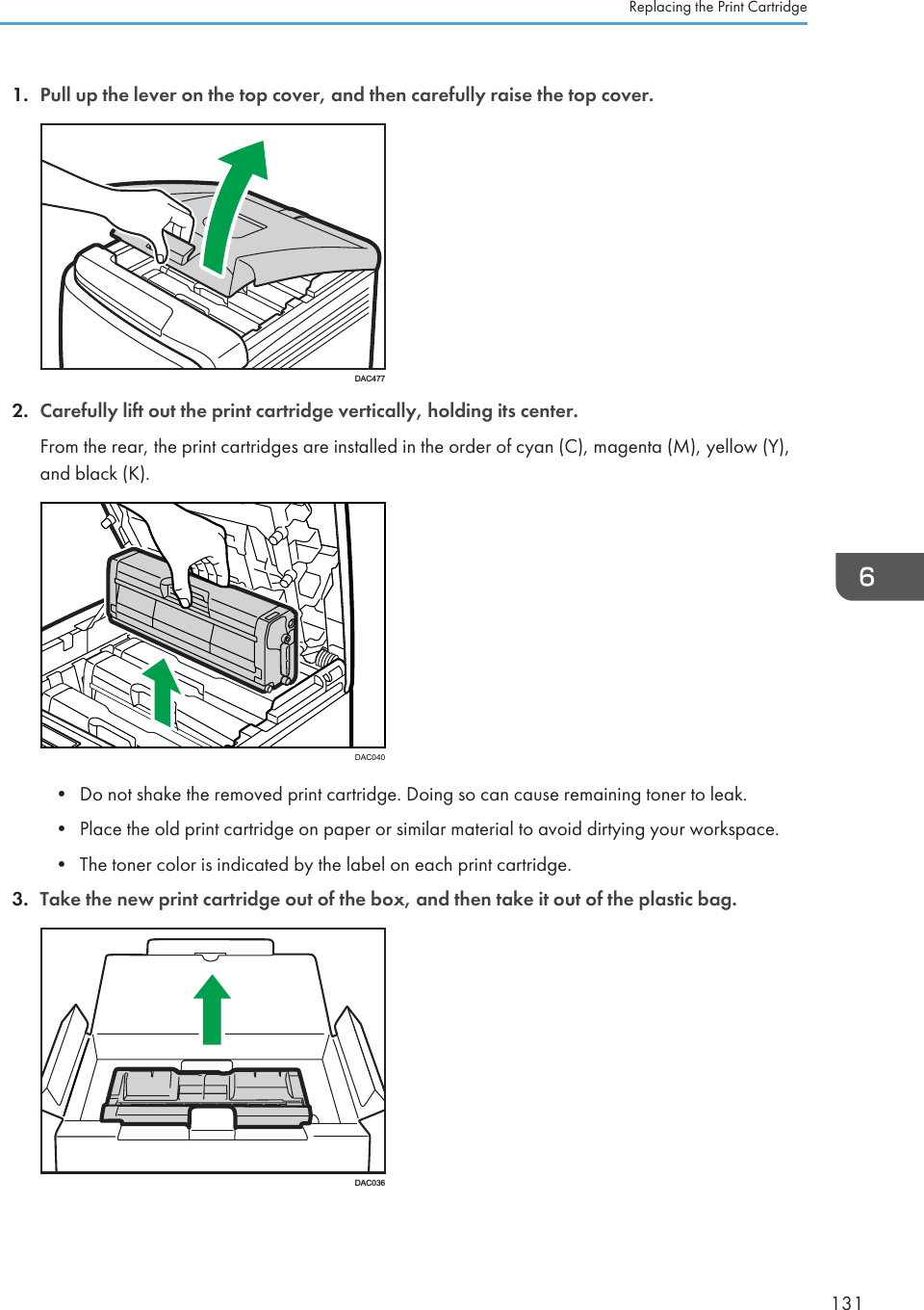 1. Pull up the lever on the top cover, and then carefully raise the top cover.DAC4772. Carefully lift out the print cartridge vertically, holding its center.From the rear, the print cartridges are installed in the order of cyan (C), magenta (M), yellow (Y),and black (K).DAC040• Do not shake the removed print cartridge. Doing so can cause remaining toner to leak.• Place the old print cartridge on paper or similar material to avoid dirtying your workspace.• The toner color is indicated by the label on each print cartridge.3. Take the new print cartridge out of the box, and then take it out of the plastic bag.DAC036Replacing the Print Cartridge131