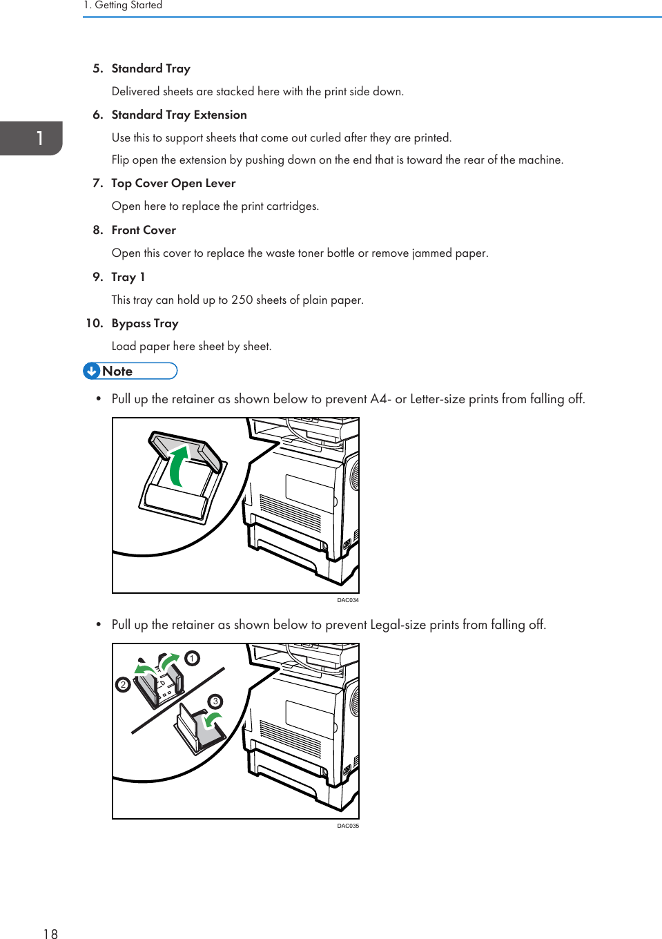 5. Standard TrayDelivered sheets are stacked here with the print side down.6. Standard Tray ExtensionUse this to support sheets that come out curled after they are printed.Flip open the extension by pushing down on the end that is toward the rear of the machine.7. Top Cover Open LeverOpen here to replace the print cartridges.8. Front CoverOpen this cover to replace the waste toner bottle or remove jammed paper.9. Tray 1This tray can hold up to 250 sheets of plain paper.10. Bypass TrayLoad paper here sheet by sheet.• Pull up the retainer as shown below to prevent A4- or Letter-size prints from falling off.DAC034• Pull up the retainer as shown below to prevent Legal-size prints from falling off.123DAC0351. Getting Started18