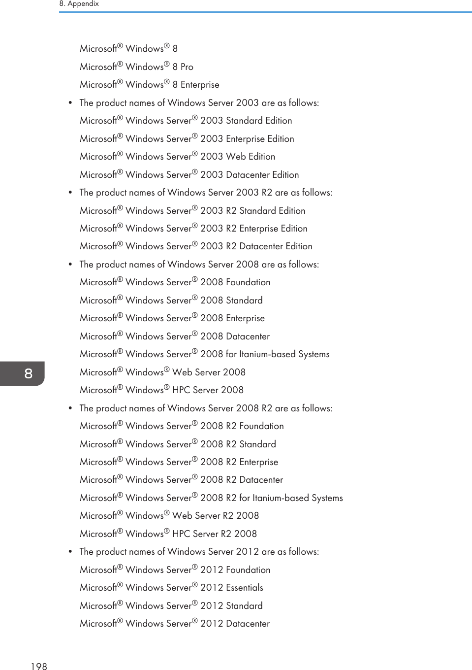 Microsoft® Windows® 8Microsoft® Windows® 8 ProMicrosoft® Windows® 8 Enterprise• The product names of Windows Server 2003 are as follows:Microsoft® Windows Server® 2003 Standard EditionMicrosoft® Windows Server® 2003 Enterprise EditionMicrosoft® Windows Server® 2003 Web EditionMicrosoft® Windows Server® 2003 Datacenter Edition• The product names of Windows Server 2003 R2 are as follows:Microsoft® Windows Server® 2003 R2 Standard EditionMicrosoft® Windows Server® 2003 R2 Enterprise EditionMicrosoft® Windows Server® 2003 R2 Datacenter Edition• The product names of Windows Server 2008 are as follows:Microsoft® Windows Server® 2008 FoundationMicrosoft® Windows Server® 2008 StandardMicrosoft® Windows Server® 2008 EnterpriseMicrosoft® Windows Server® 2008 DatacenterMicrosoft® Windows Server® 2008 for Itanium-based SystemsMicrosoft® Windows® Web Server 2008Microsoft® Windows® HPC Server 2008• The product names of Windows Server 2008 R2 are as follows:Microsoft® Windows Server® 2008 R2 FoundationMicrosoft® Windows Server® 2008 R2 StandardMicrosoft® Windows Server® 2008 R2 EnterpriseMicrosoft® Windows Server® 2008 R2 DatacenterMicrosoft® Windows Server® 2008 R2 for Itanium-based SystemsMicrosoft® Windows® Web Server R2 2008Microsoft® Windows® HPC Server R2 2008• The product names of Windows Server 2012 are as follows:Microsoft® Windows Server® 2012 FoundationMicrosoft® Windows Server® 2012 EssentialsMicrosoft® Windows Server® 2012 StandardMicrosoft® Windows Server® 2012 Datacenter8. Appendix198