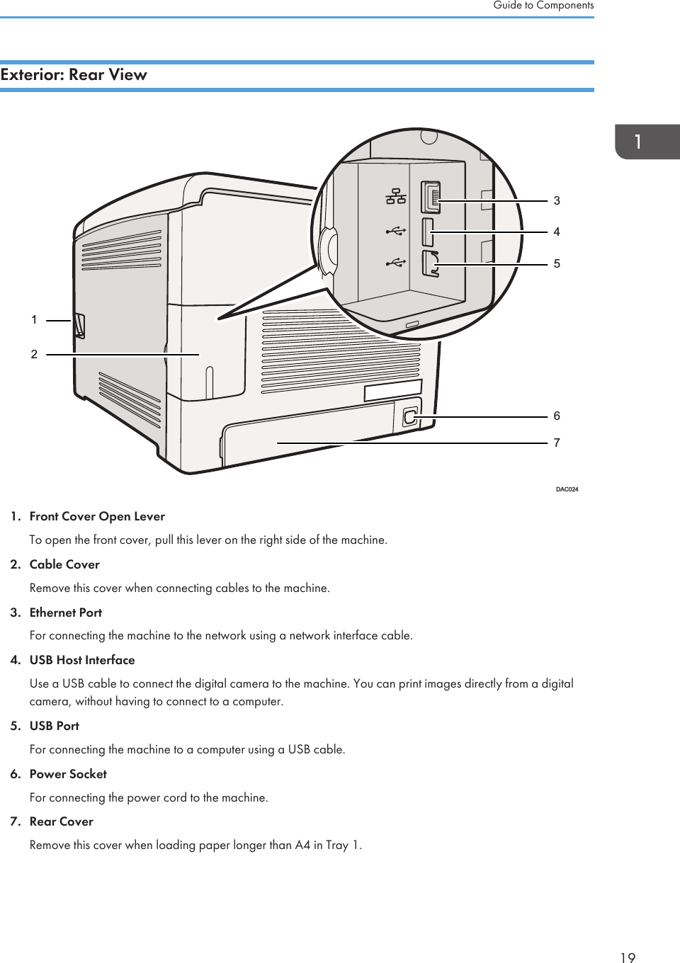 Exterior: Rear View1267345DAC0241. Front Cover Open LeverTo open the front cover, pull this lever on the right side of the machine.2. Cable CoverRemove this cover when connecting cables to the machine.3. Ethernet PortFor connecting the machine to the network using a network interface cable.4. USB Host InterfaceUse a USB cable to connect the digital camera to the machine. You can print images directly from a digitalcamera, without having to connect to a computer.5. USB PortFor connecting the machine to a computer using a USB cable.6. Power SocketFor connecting the power cord to the machine.7. Rear CoverRemove this cover when loading paper longer than A4 in Tray 1.Guide to Components19