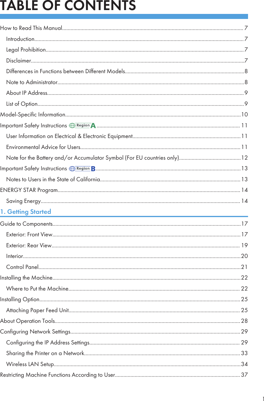 TABLE OF CONTENTSHow to Read This Manual................................................................................................................................. 7Introduction..................................................................................................................................................... 7Legal Prohibition.............................................................................................................................................7Disclaimer........................................................................................................................................................7Differences in Functions between Different Models.....................................................................................8Note to Administrator.....................................................................................................................................8About IP Address............................................................................................................................................9List of Option...................................................................................................................................................9Model-Specific Information.............................................................................................................................10Important Safety Instructions  ...................................................................................................... 11User Information on Electrical &amp; Electronic Equipment.............................................................................11Environmental Advice for Users..................................................................................................................11Note for the Battery and/or Accumulator Symbol (For EU countries only)............................................12Important Safety Instructions  .......................................................................................................13Notes to Users in the State of California....................................................................................................13ENERGY STAR Program..................................................................................................................................14Saving Energy.............................................................................................................................................. 141. Getting StartedGuide to Components......................................................................................................................................17Exterior: Front View......................................................................................................................................17Exterior: Rear View...................................................................................................................................... 19Interior...........................................................................................................................................................20Control Panel................................................................................................................................................21Installing the Machine......................................................................................................................................22Where to Put the Machine.......................................................................................................................... 22Installing Option...............................................................................................................................................25Attaching Paper Feed Unit.......................................................................................................................... 25About Operation Tools.................................................................................................................................... 28Configuring Network Settings.........................................................................................................................29Configuring the IP Address Settings........................................................................................................... 29Sharing the Printer on a Network............................................................................................................... 33Wireless LAN Setup.....................................................................................................................................34Restricting Machine Functions According to User......................................................................................... 371