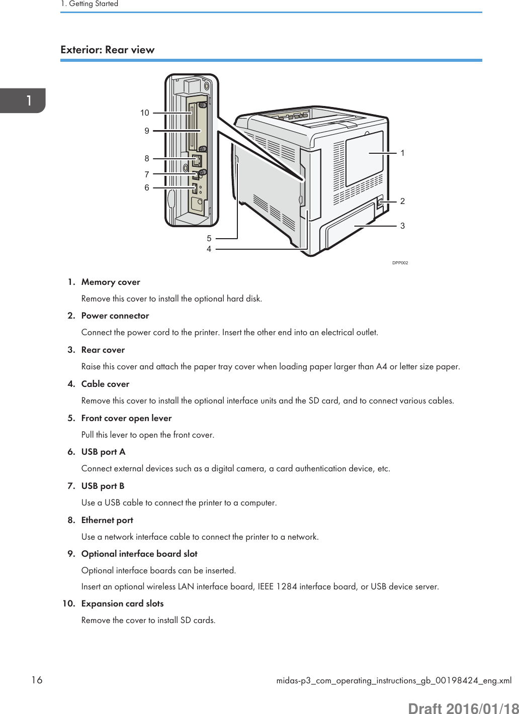 Exterior: Rear viewDPP002123109876541. Memory coverRemove this cover to install the optional hard disk.2. Power connectorConnect the power cord to the printer. Insert the other end into an electrical outlet.3. Rear coverRaise this cover and attach the paper tray cover when loading paper larger than A4 or letter size paper.4. Cable coverRemove this cover to install the optional interface units and the SD card, and to connect various cables.5. Front cover open leverPull this lever to open the front cover.6. USB port AConnect external devices such as a digital camera, a card authentication device, etc.7. USB port BUse a USB cable to connect the printer to a computer.8. Ethernet portUse a network interface cable to connect the printer to a network.9. Optional interface board slotOptional interface boards can be inserted.Insert an optional wireless LAN interface board, IEEE 1284 interface board, or USB device server.10. Expansion card slotsRemove the cover to install SD cards.1. Getting Started16 midas-p3_com_operating_instructions_gb_00198424_eng.xmlDraft 2016/01/18