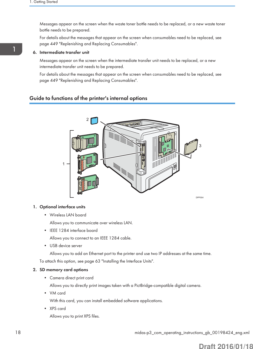 Messages appear on the screen when the waste toner bottle needs to be replaced, or a new waste tonerbottle needs to be prepared.For details about the messages that appear on the screen when consumables need to be replaced, seepage 449 &quot;Replenishing and Replacing Consumables&quot;.6. Intermediate transfer unitMessages appear on the screen when the intermediate transfer unit needs to be replaced, or a newintermediate transfer unit needs to be prepared.For details about the messages that appear on the screen when consumables need to be replaced, seepage 449 &quot;Replenishing and Replacing Consumables&quot;.Guide to functions of the printer&apos;s internal options123DPP0041. Optional interface units• Wireless LAN boardAllows you to communicate over wireless LAN.• IEEE 1284 interface boardAllows you to connect to an IEEE 1284 cable.• USB device serverAllows you to add an Ethernet port to the printer and use two IP addresses at the same time.To attach this option, see page 63 &quot;Installing the Interface Units&quot;.2. SD memory card options• Camera direct print cardAllows you to directly print images taken with a PictBridge-compatible digital camera.• VM cardWith this card, you can install embedded software applications.• XPS cardAllows you to print XPS files.1. Getting Started18 midas-p3_com_operating_instructions_gb_00198424_eng.xmlDraft 2016/01/18