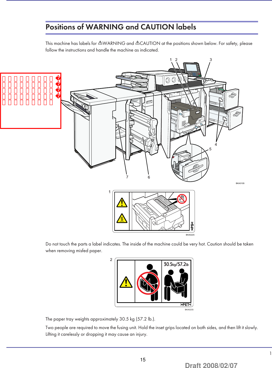 Positions of WARNING and CAUTION labelsThis machine has labels for  WARNING and  CAUTION at the positions shown below. For safety, pleasefollow the instructions and handle the machine as indicated.BKA010SBKA022SDo not touch the parts a label indicates. The inside of the machine could be very hot. Caution should be takenwhen removing misfed paper.BKA023SThe paper tray weights approximately 30.5 kg (57.2 lb.).Two people are required to move the fusing unit. Hold the inset grips located on both sides, and then lift it slowly.Lifting it carelessly or dropping it may cause an injury.   1注意・警告デカルの貼り付け箇所に間違い、または追加・変更等がありましたらお知らせください。15Draft 2008/02/07