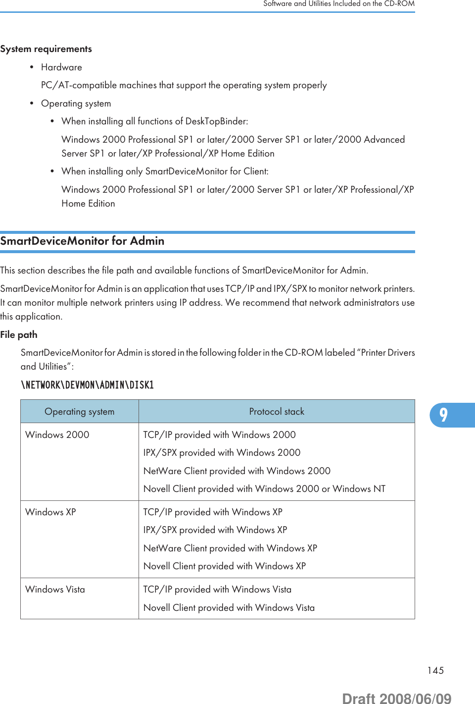 System requirements• HardwarePC/AT-compatible machines that support the operating system properly• Operating system• When installing all functions of DeskTopBinder:Windows 2000 Professional SP1 or later/2000 Server SP1 or later/2000 AdvancedServer SP1 or later/XP Professional/XP Home Edition• When installing only SmartDeviceMonitor for Client:Windows 2000 Professional SP1 or later/2000 Server SP1 or later/XP Professional/XPHome EditionSmartDeviceMonitor for AdminThis section describes the file path and available functions of SmartDeviceMonitor for Admin.SmartDeviceMonitor for Admin is an application that uses TCP/IP and IPX/SPX to monitor network printers.It can monitor multiple network printers using IP address. We recommend that network administrators usethis application.File pathSmartDeviceMonitor for Admin is stored in the following folder in the CD-ROM labeled “Printer Driversand Utilities”:\NETWORK\DEVMON\ADMIN\DISK1Operating system Protocol stackWindows 2000 TCP/IP provided with Windows 2000IPX/SPX provided with Windows 2000NetWare Client provided with Windows 2000Novell Client provided with Windows 2000 or Windows NTWindows XP TCP/IP provided with Windows XPIPX/SPX provided with Windows XPNetWare Client provided with Windows XPNovell Client provided with Windows XPWindows Vista TCP/IP provided with Windows VistaNovell Client provided with Windows VistaSoftware and Utilities Included on the CD-ROM1459Draft 2008/06/09