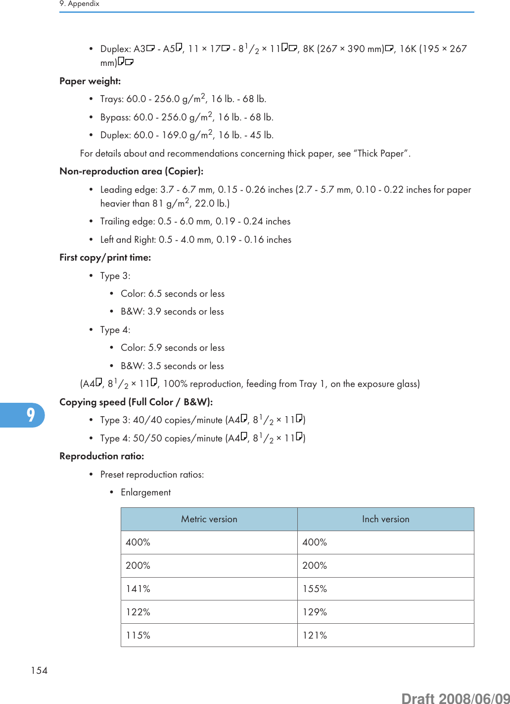 • Duplex: A3  - A5 , 11 × 17  - 81/2 × 11 , 8K (267 × 390 mm) , 16K (195 × 267mm)Paper weight:• Trays: 60.0 - 256.0 g/m2, 16 lb. - 68 lb.• Bypass: 60.0 - 256.0 g/m2, 16 lb. - 68 lb.• Duplex: 60.0 - 169.0 g/m2, 16 lb. - 45 lb.For details about and recommendations concerning thick paper, see “Thick Paper”.Non-reproduction area (Copier):• Leading edge: 3.7 - 6.7 mm, 0.15 - 0.26 inches (2.7 - 5.7 mm, 0.10 - 0.22 inches for paperheavier than 81 g/m2, 22.0 lb.)• Trailing edge: 0.5 - 6.0 mm, 0.19 - 0.24 inches• Left and Right: 0.5 - 4.0 mm, 0.19 - 0.16 inchesFirst copy/print time:• Type 3:• Color: 6.5 seconds or less• B&amp;W: 3.9 seconds or less• Type 4:• Color: 5.9 seconds or less• B&amp;W: 3.5 seconds or less(A4 , 81/2 × 11 , 100% reproduction, feeding from Tray 1, on the exposure glass)Copying speed (Full Color / B&amp;W):• Type 3: 40/40 copies/minute (A4 , 81/2 × 11 )• Type 4: 50/50 copies/minute (A4 , 81/2 × 11 )Reproduction ratio:• Preset reproduction ratios:• EnlargementMetric version Inch version400% 400%200% 200%141% 155%122% 129%115% 121%9. Appendix1549Draft 2008/06/09