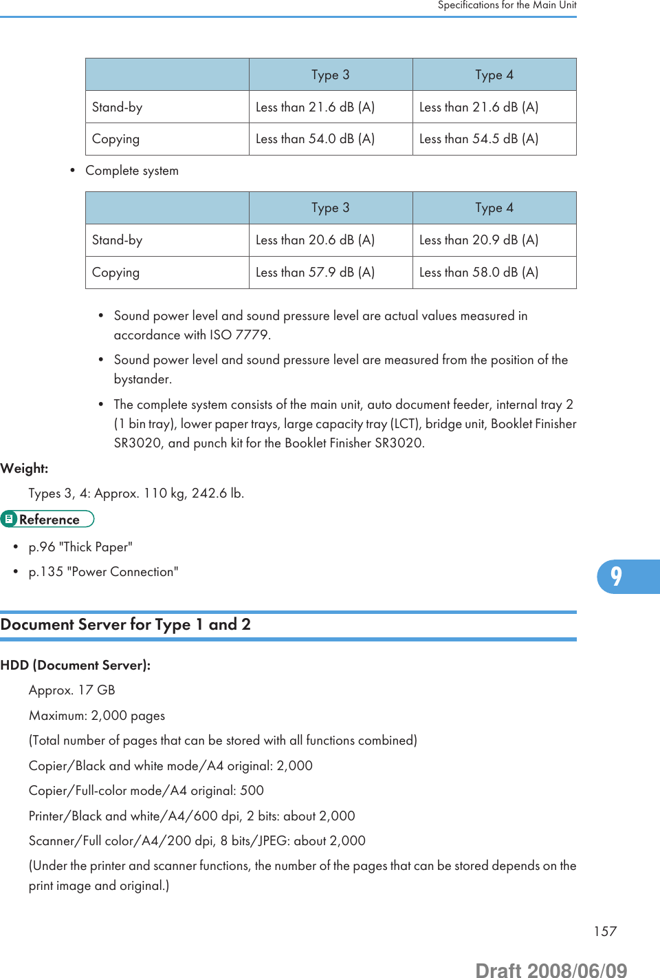 Type 3 Type 4Stand-by Less than 21.6 dB (A) Less than 21.6 dB (A)Copying Less than 54.0 dB (A) Less than 54.5 dB (A)• Complete systemType 3 Type 4Stand-by Less than 20.6 dB (A) Less than 20.9 dB (A)Copying Less than 57.9 dB (A) Less than 58.0 dB (A)• Sound power level and sound pressure level are actual values measured inaccordance with ISO 7779.• Sound power level and sound pressure level are measured from the position of thebystander.• The complete system consists of the main unit, auto document feeder, internal tray 2(1 bin tray), lower paper trays, large capacity tray (LCT), bridge unit, Booklet FinisherSR3020, and punch kit for the Booklet Finisher SR3020.Weight:Types 3, 4: Approx. 110 kg, 242.6 lb.• p.96 &quot;Thick Paper&quot;• p.135 &quot;Power Connection&quot;Document Server for Type 1 and 2HDD (Document Server):Approx. 17 GBMaximum: 2,000 pages(Total number of pages that can be stored with all functions combined)Copier/Black and white mode/A4 original: 2,000Copier/Full-color mode/A4 original: 500Printer/Black and white/A4/600 dpi, 2 bits: about 2,000Scanner/Full color/A4/200 dpi, 8 bits/JPEG: about 2,000(Under the printer and scanner functions, the number of the pages that can be stored depends on theprint image and original.)Specifications for the Main Unit1579Draft 2008/06/09