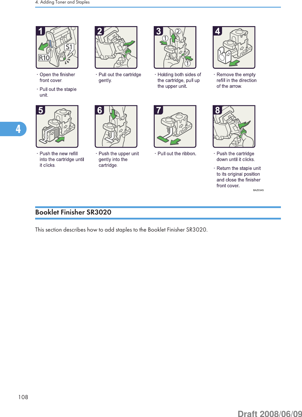 BAZ034SBooklet Finisher SR3020This section describes how to add staples to the Booklet Finisher SR3020.4. Adding Toner and Staples1084Draft 2008/06/09