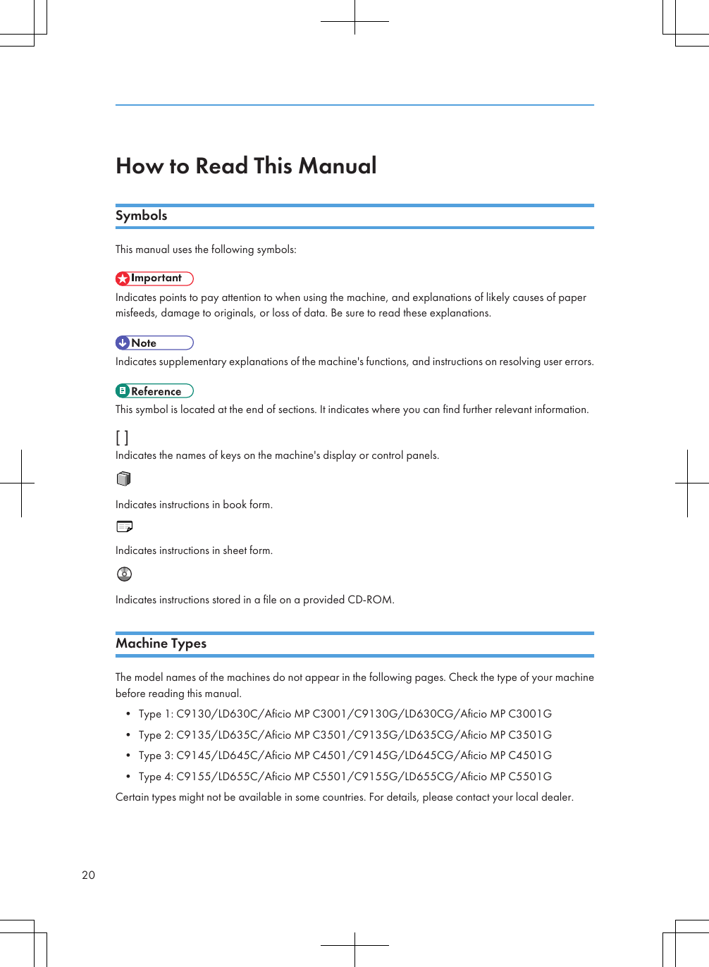 How to Read This ManualSymbolsThis manual uses the following symbols:Indicates points to pay attention to when using the machine, and explanations of likely causes of papermisfeeds, damage to originals, or loss of data. Be sure to read these explanations.Indicates supplementary explanations of the machine&apos;s functions, and instructions on resolving user errors.This symbol is located at the end of sections. It indicates where you can find further relevant information.[ ]Indicates the names of keys on the machine&apos;s display or control panels.Indicates instructions in book form.Indicates instructions in sheet form.Indicates instructions stored in a file on a provided CD-ROM.Machine TypesThe model names of the machines do not appear in the following pages. Check the type of your machinebefore reading this manual.• Type 1: C9130/LD630C/Aficio MP C3001/C9130G/LD630CG/Aficio MP C3001G• Type 2: C9135/LD635C/Aficio MP C3501/C9135G/LD635CG/Aficio MP C3501G• Type 3: C9145/LD645C/Aficio MP C4501/C9145G/LD645CG/Aficio MP C4501G• Type 4: C9155/LD655C/Aficio MP C5501/C9155G/LD655CG/Aficio MP C5501GCertain types might not be available in some countries. For details, please contact your local dealer.20