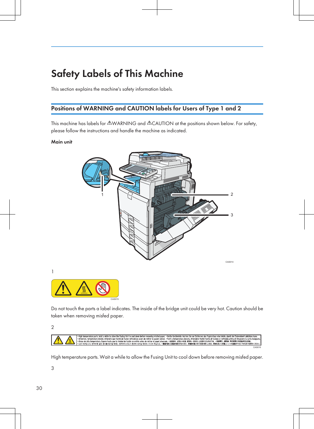 Safety Labels of This MachineThis section explains the machine&apos;s safety information labels.Positions of WARNING and CAUTION labels for Users of Type 1 and 2This machine has labels for  WARNING and  CAUTION at the positions shown below. For safety,please follow the instructions and handle the machine as indicated.Main unitCAS0142131CAS015Do not touch the parts a label indicates. The inside of the bridge unit could be very hot. Caution should betaken when removing misfed paper.2CAS016High temperature parts. Wait a while to allow the Fusing Unit to cool down before removing misfed paper.330