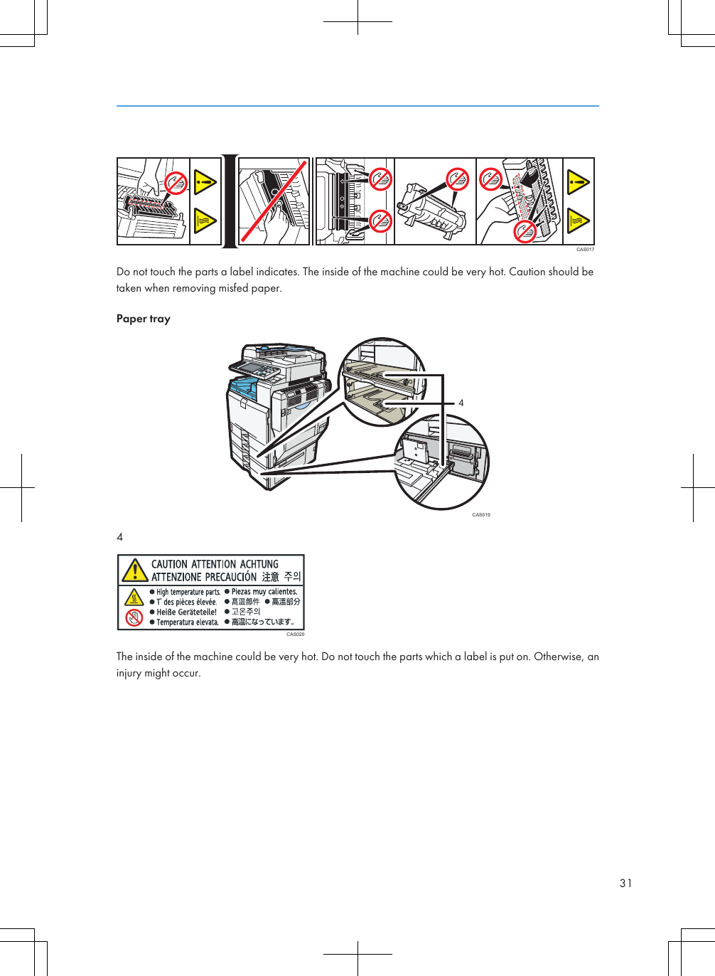 CAS017Do not touch the parts a label indicates. The inside of the machine could be very hot. Caution should betaken when removing misfed paper.Paper trayCAS01944CAS020The inside of the machine could be very hot. Do not touch the parts which a label is put on. Otherwise, aninjury might occur.31