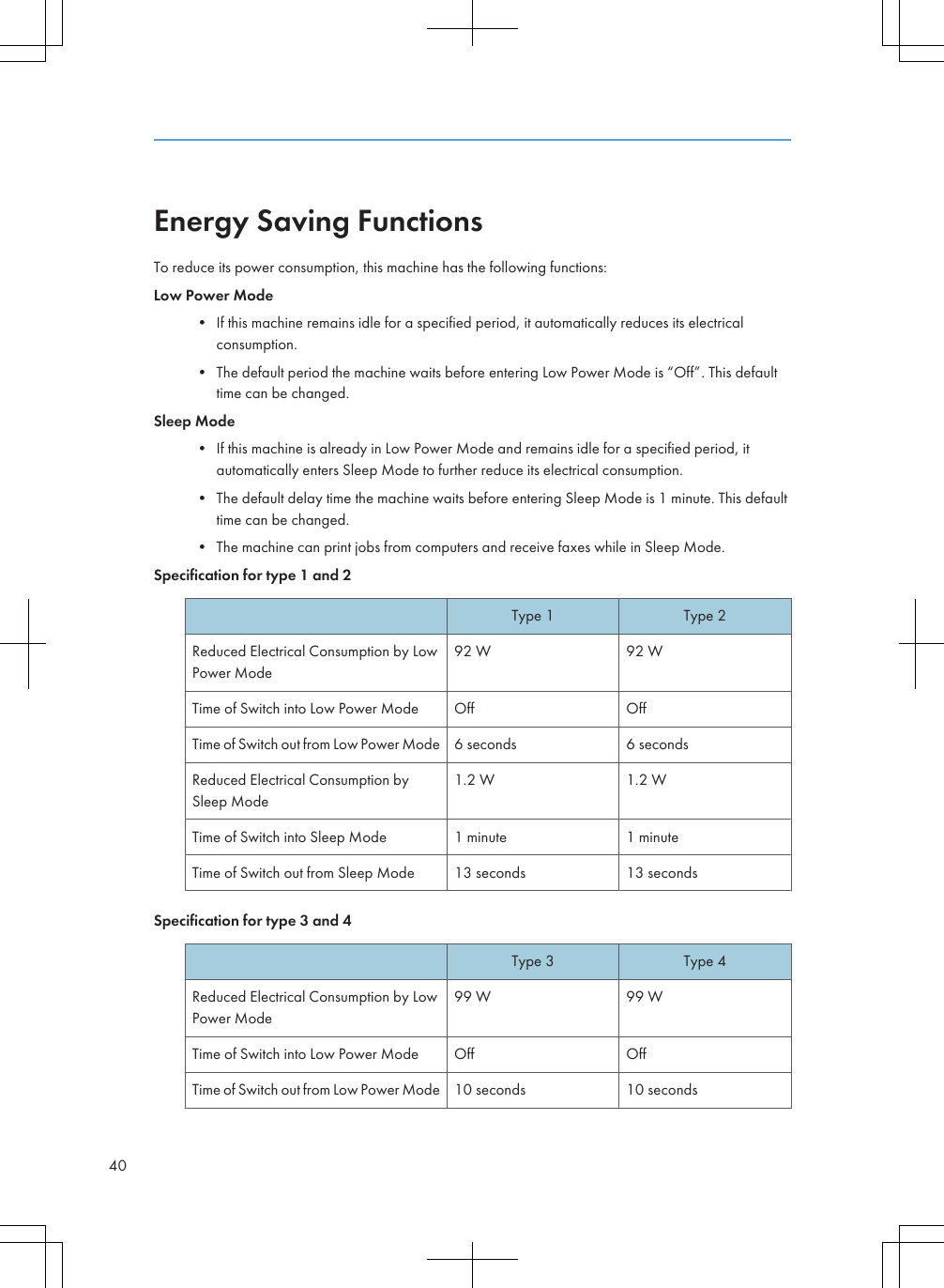 Energy Saving FunctionsTo reduce its power consumption, this machine has the following functions:Low Power Mode• If this machine remains idle for a specified period, it automatically reduces its electricalconsumption.• The default period the machine waits before entering Low Power Mode is “Off”. This defaulttime can be changed.Sleep Mode• If this machine is already in Low Power Mode and remains idle for a specified period, itautomatically enters Sleep Mode to further reduce its electrical consumption.• The default delay time the machine waits before entering Sleep Mode is 1 minute. This defaulttime can be changed.• The machine can print jobs from computers and receive faxes while in Sleep Mode.Specification for type 1 and 2Type 1 Type 2Reduced Electrical Consumption by LowPower Mode92 W 92 WTime of Switch into Low Power Mode Off OffTime of Switch out from Low Power Mode 6 seconds 6 secondsReduced Electrical Consumption bySleep Mode1.2 W 1.2 WTime of Switch into Sleep Mode 1 minute 1 minuteTime of Switch out from Sleep Mode 13 seconds 13 secondsSpecification for type 3 and 4Type 3 Type 4Reduced Electrical Consumption by LowPower Mode99 W 99 WTime of Switch into Low Power Mode Off OffTime of Switch out from Low Power Mode 10 seconds 10 seconds40