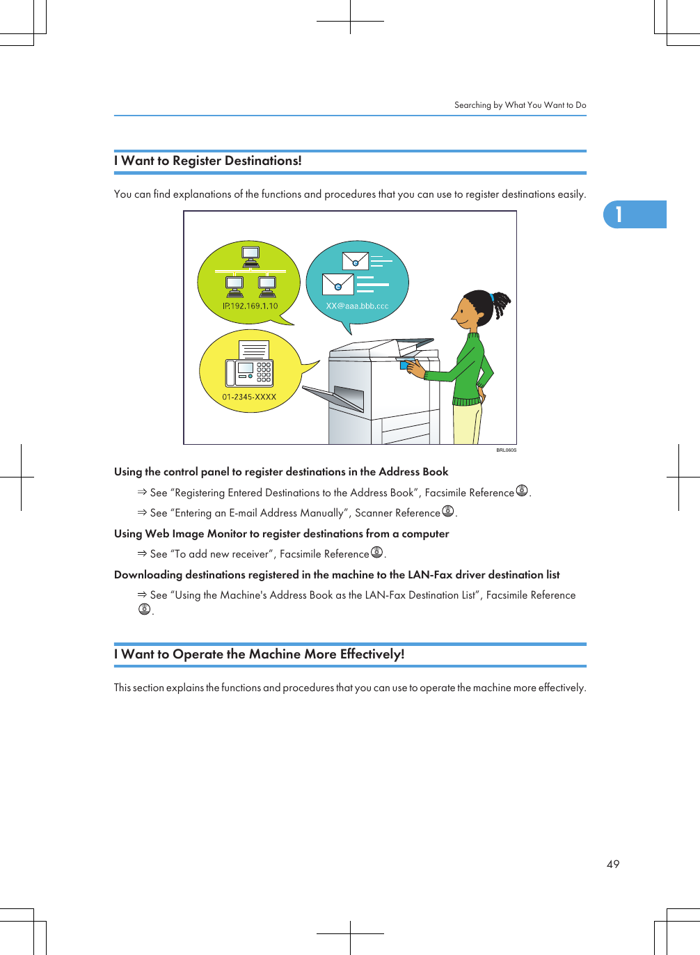 I Want to Register Destinations!You can find explanations of the functions and procedures that you can use to register destinations easily.BRL060SUsing the control panel to register destinations in the Address Book See “Registering Entered Destinations to the Address Book”, Facsimile Reference . See “Entering an E-mail Address Manually”, Scanner Reference .Using Web Image Monitor to register destinations from a computer See “To add new receiver”, Facsimile Reference .Downloading destinations registered in the machine to the LAN-Fax driver destination list See “Using the Machine&apos;s Address Book as the LAN-Fax Destination List”, Facsimile Reference.I Want to Operate the Machine More Effectively!This section explains the functions and procedures that you can use to operate the machine more effectively.Searching by What You Want to Do491