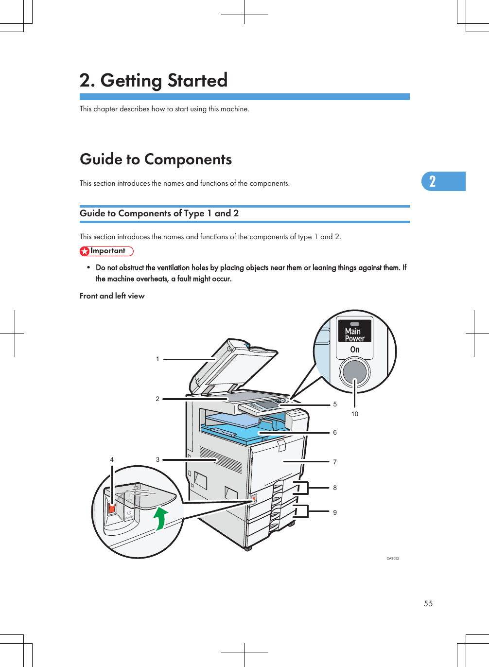 2. Getting StartedThis chapter describes how to start using this machine.Guide to ComponentsThis section introduces the names and functions of the components.Guide to Components of Type 1 and 2This section introduces the names and functions of the components of type 1 and 2.• Do not obstruct the ventilation holes by placing objects near them or leaning things against them. Ifthe machine overheats, a fault might occur.Front and left viewCAS09212456789103552