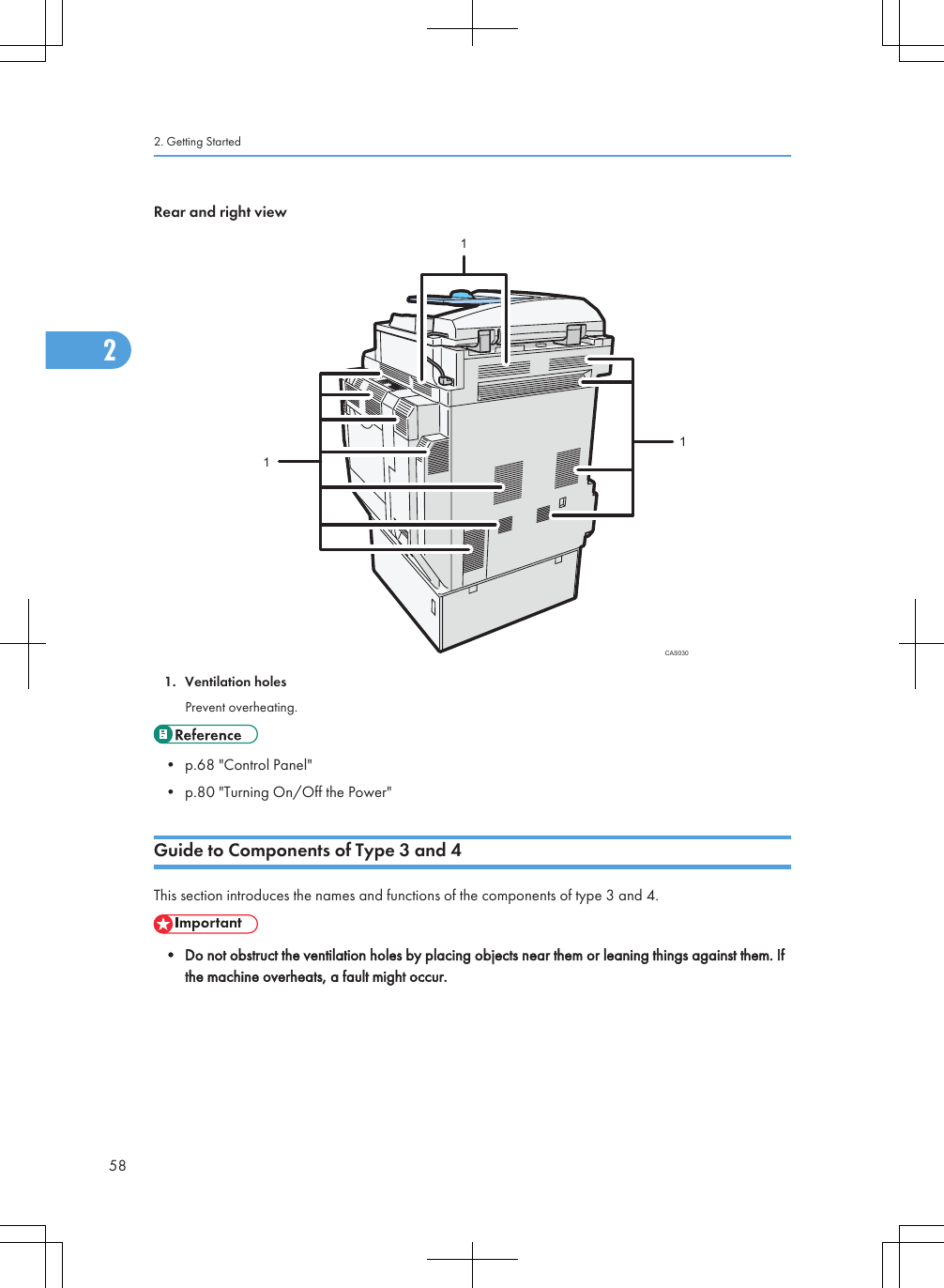 Rear and right viewCAS0301111. Ventilation holesPrevent overheating.• p.68 &quot;Control Panel&quot;• p.80 &quot;Turning On/Off the Power&quot;Guide to Components of Type 3 and 4This section introduces the names and functions of the components of type 3 and 4.• Do not obstruct the ventilation holes by placing objects near them or leaning things against them. Ifthe machine overheats, a fault might occur.2. Getting Started582