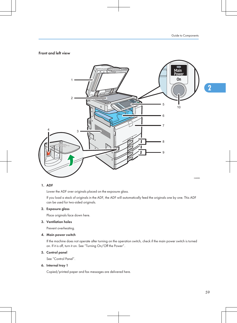 Front and left viewCAS093412356789101. ADFLower the ADF over originals placed on the exposure glass.If you load a stack of originals in the ADF, the ADF will automatically feed the originals one by one. This ADFcan be used for two-sided originals.2. Exposure glassPlace originals face down here.3. Ventilation holesPrevent overheating.4. Main power switchIf the machine does not operate after turning on the operation switch, check if the main power switch is turnedon. If it is off, turn it on. See “Turning On/Off the Power”.5. Control panelSee “Control Panel”.6. Internal tray 1Copied/printed paper and fax messages are delivered here.Guide to Components592