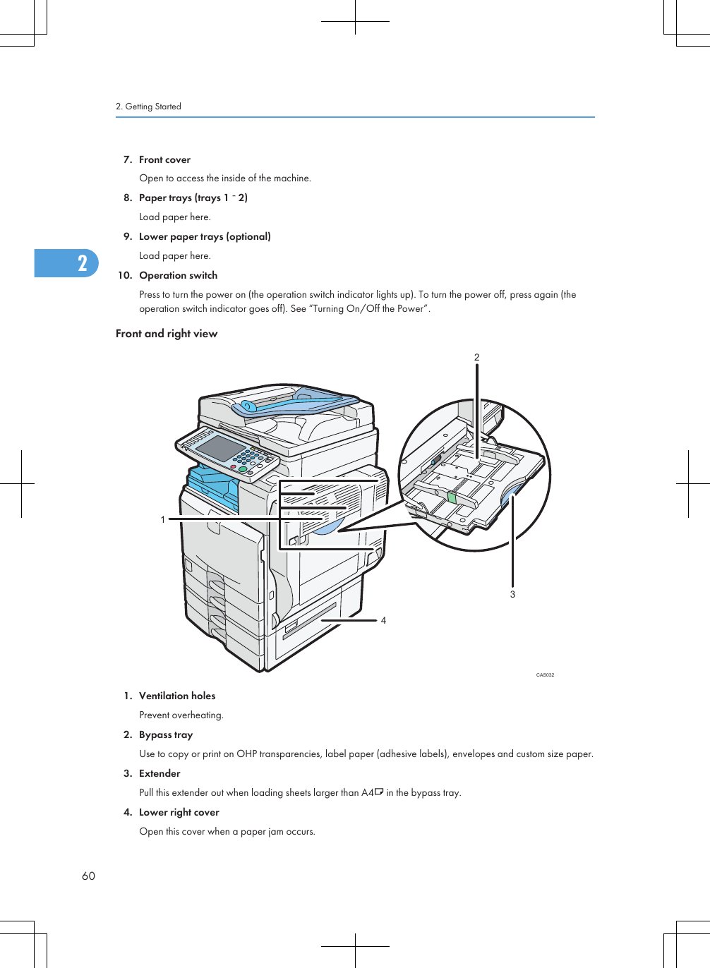 7. Front coverOpen to access the inside of the machine.8. Paper trays (trays 1   2)Load paper here.9. Lower paper trays (optional)Load paper here.10. Operation switchPress to turn the power on (the operation switch indicator lights up). To turn the power off, press again (theoperation switch indicator goes off). See “Turning On/Off the Power”.Front and right viewCAS03212341. Ventilation holesPrevent overheating.2. Bypass trayUse to copy or print on OHP transparencies, label paper (adhesive labels), envelopes and custom size paper.3. ExtenderPull this extender out when loading sheets larger than A4  in the bypass tray.4. Lower right coverOpen this cover when a paper jam occurs.2. Getting Started602